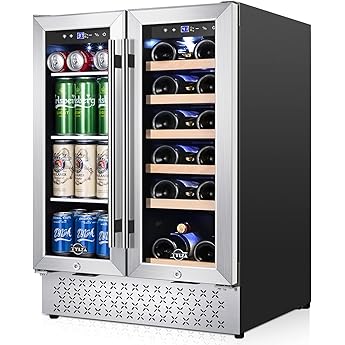 Wine and Beverage Refrigerator, 24 Inch Dual Zone Wine Fridge with Two Safety Locks, Under Counter Wine Cooler Fridge Built-In or Freestanding, Holds 20 Bottles and 57 Cans (Double Glass Door)
