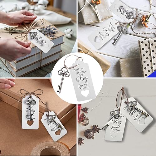 Miniatura 7 de Abnaok 50 piezas de recuerdos de boda/recuerdos de fiesta, abridor de botellas de llave de esqueleto plateado con tarjetas de escolta y cuerda de