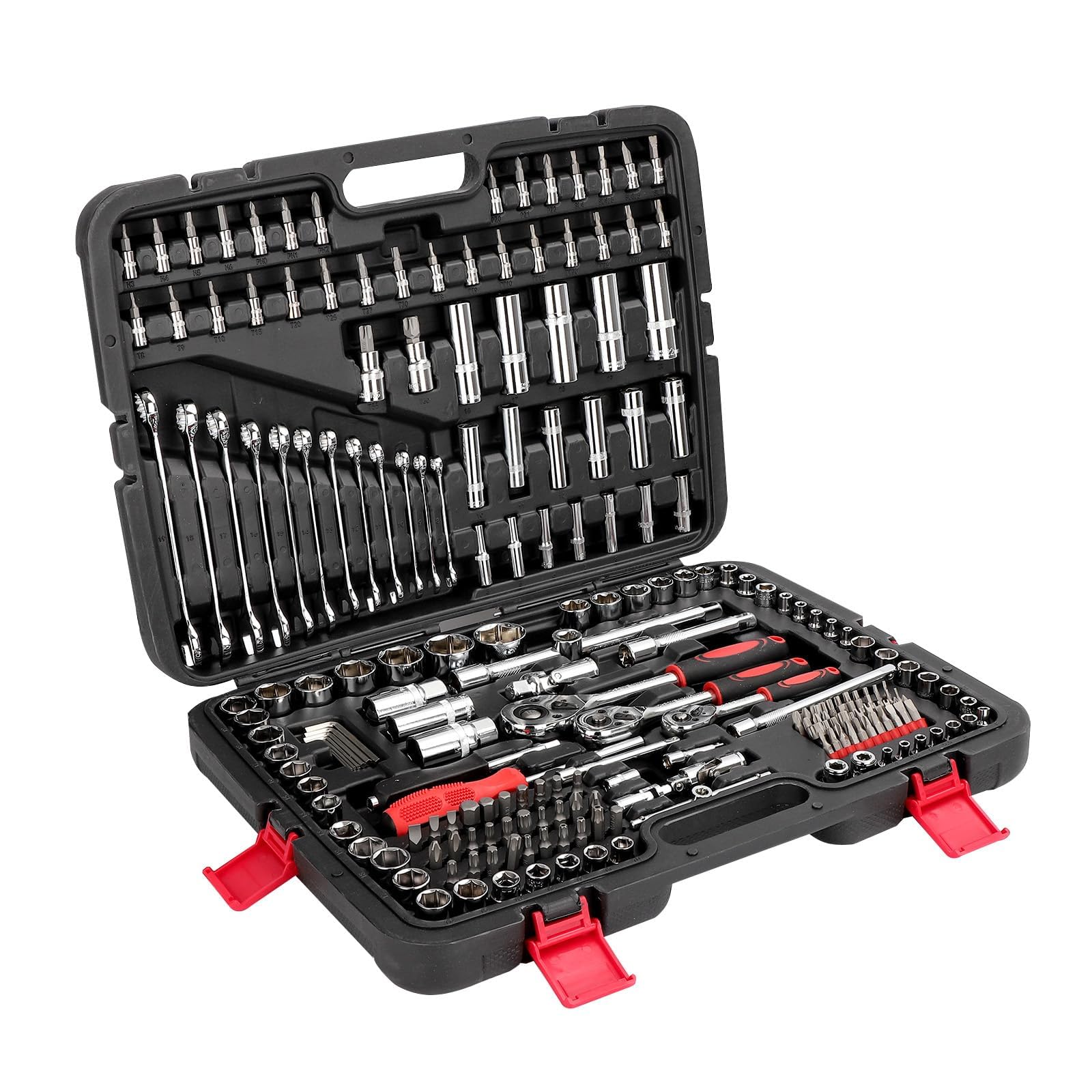 Werkzeugkoffer, 216-teilig (inklusive Koffer) 1/2", 1/4", 3/8" Steckschlüsselsatz mit Ratschenschlüsseln, Bits, Sechskantschlüsseln, Werkzeugsatz für Auto- und Heimwerkerarbeiten