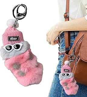 キーホルダー人形, ふわふわあおむしのポンポンキーホルダー、サングラスと冬のニット帽付き, 紛失防止キャタピラー キーチェーン かわいい漫画のぬいぐるみペンダント 女性と女の子用