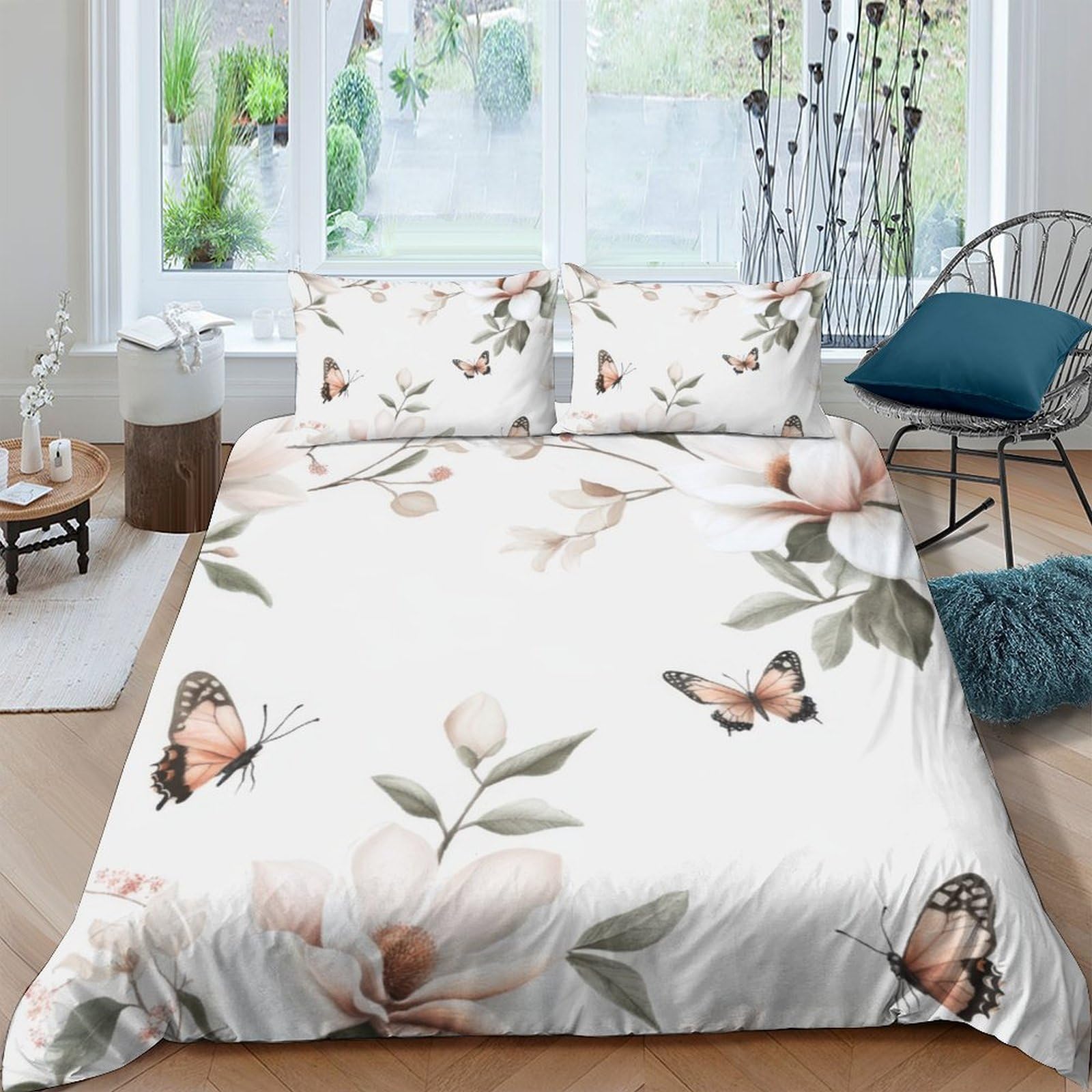 P5V6M1Q9 3D Printed Butterfly Floral Duvet Cover Microfiber Soft Breathable Bedding Set with 2 Pillowcases for Bedroom Decor Single（135x200cm）