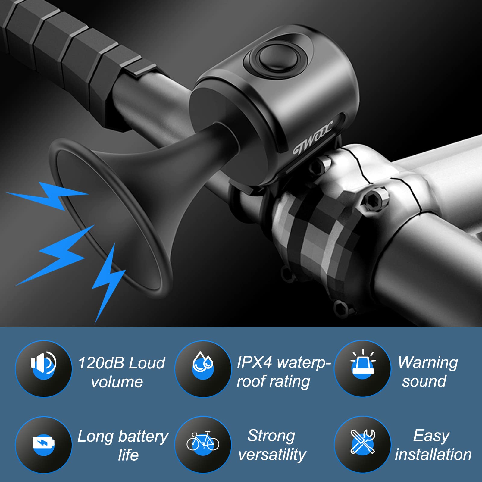 Vélo Sonnette Électrique 120dB 1 Mode Klaxon Puissante IPX4 300mAh