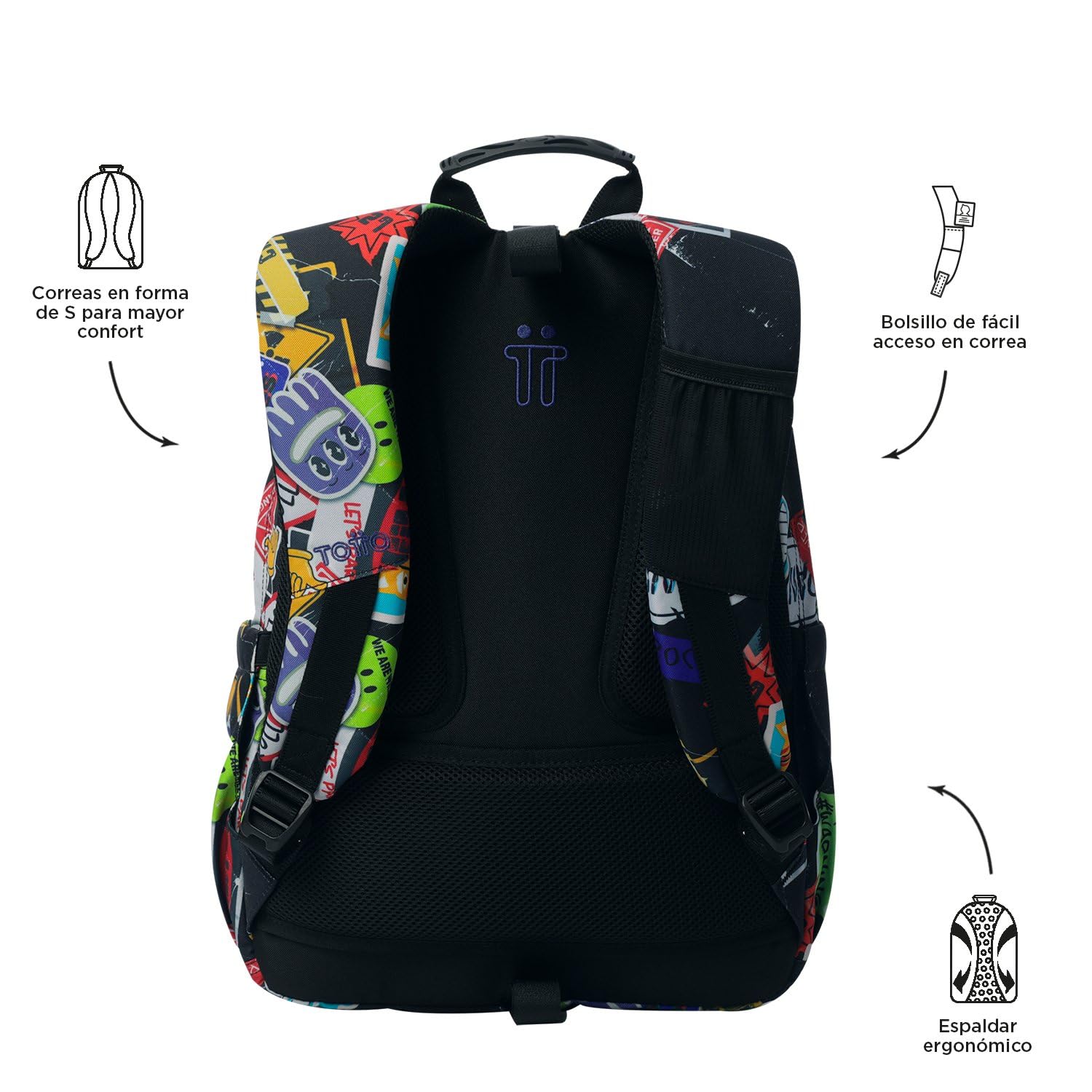 TOTTO - Mochila Escolar Adaptable a Carro, Modelo Acuareles, Capacidad 20 L, Bolsillo para Pc 14", 2 Bolsillo Botella, Espaldar Ergonómico con Flujo de Aire, Cómodas Correas en S, Estampado Sticky