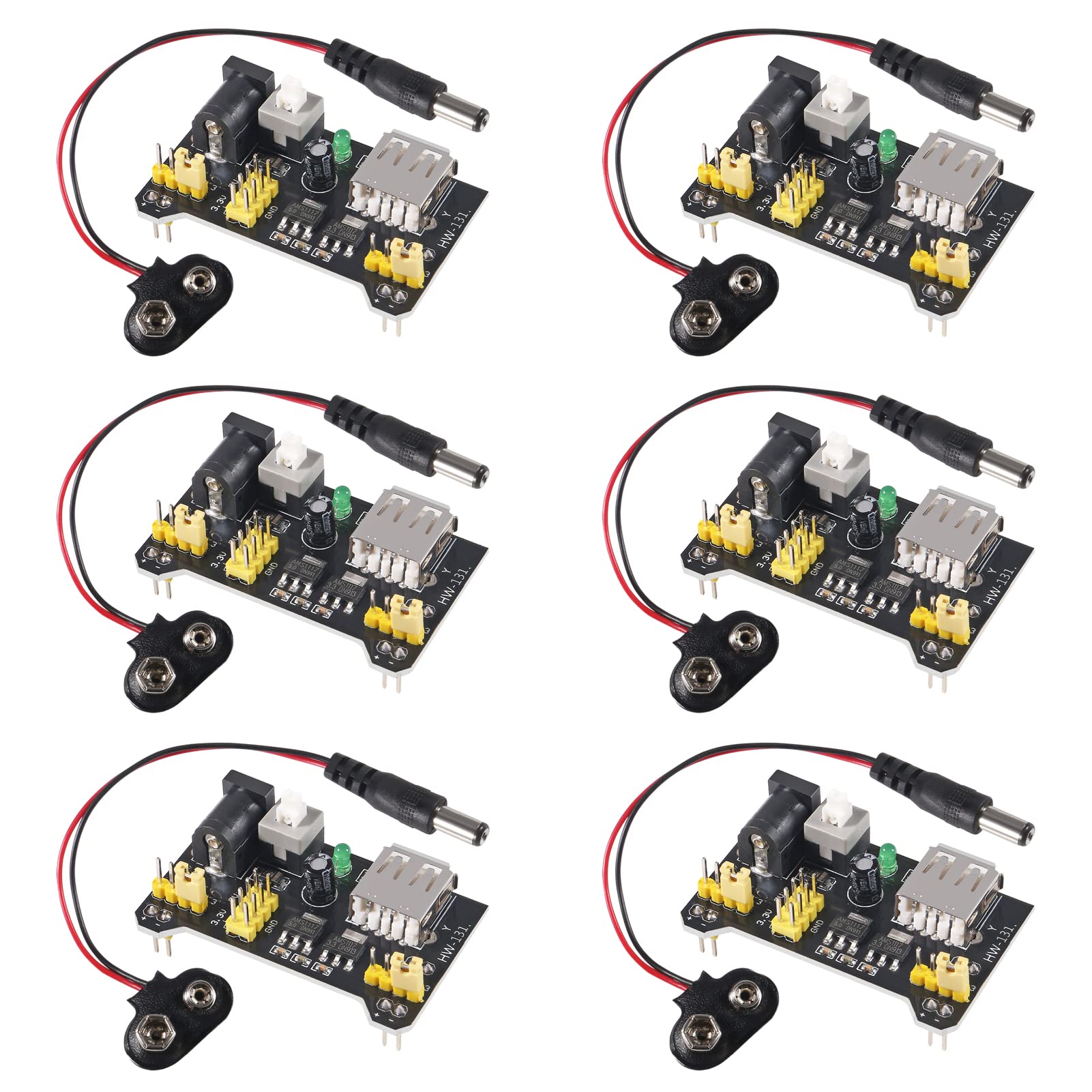 AITIAO 6Pcs MB102 3.3V/5V Breadboard Power Supply Module with 6Pcs 9V Battery Clip Buckle T-Type Power Cable Male 2.1MM DC Jack Plug