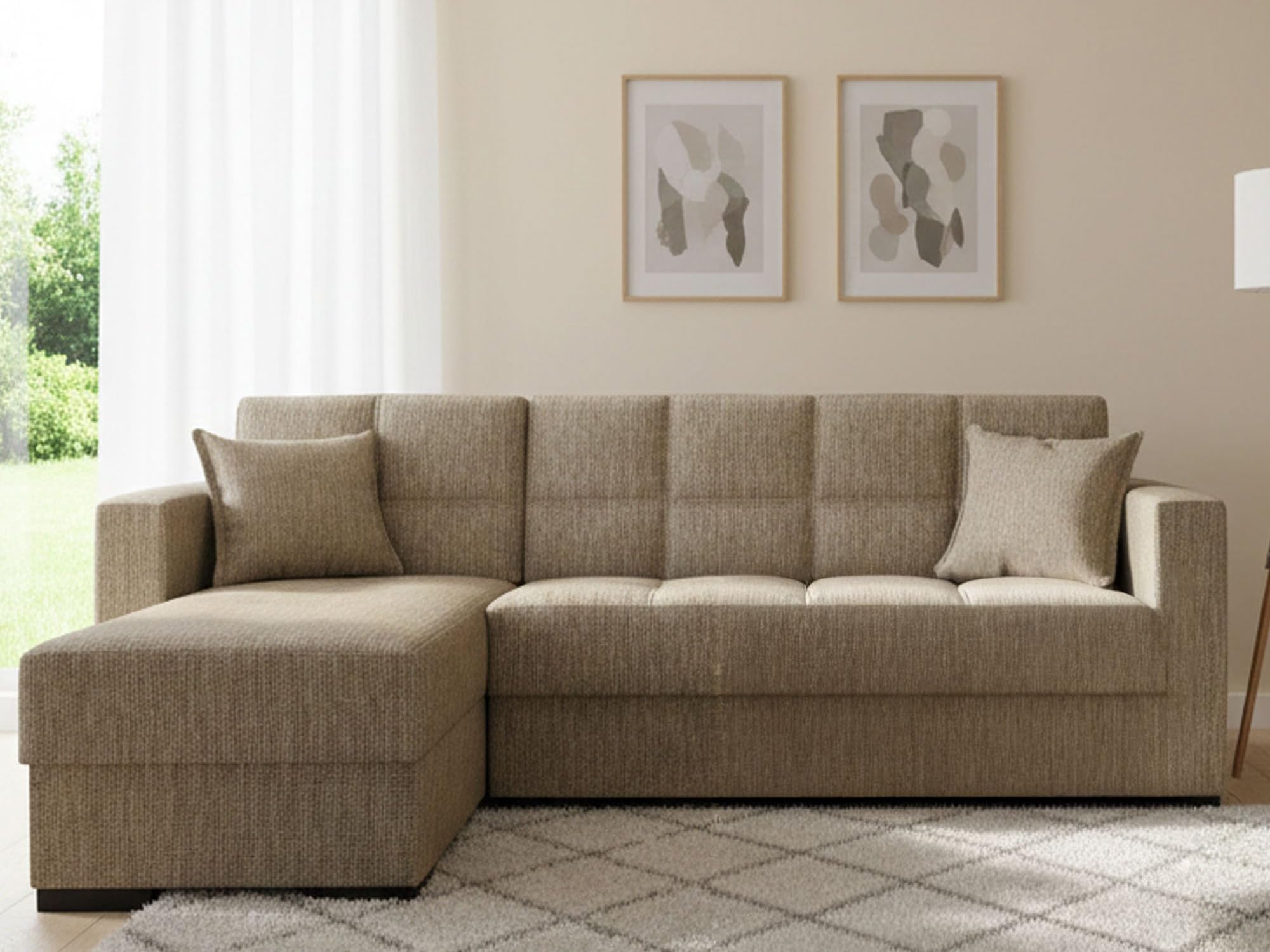 Dmora Divano Letto con penisola Fernando, Divano ad Angolo Reversibile, Sofà Contenitore da Soggiorno con Chaise Longue e 2 Cuscini, 230x150h81 cm, Beige
