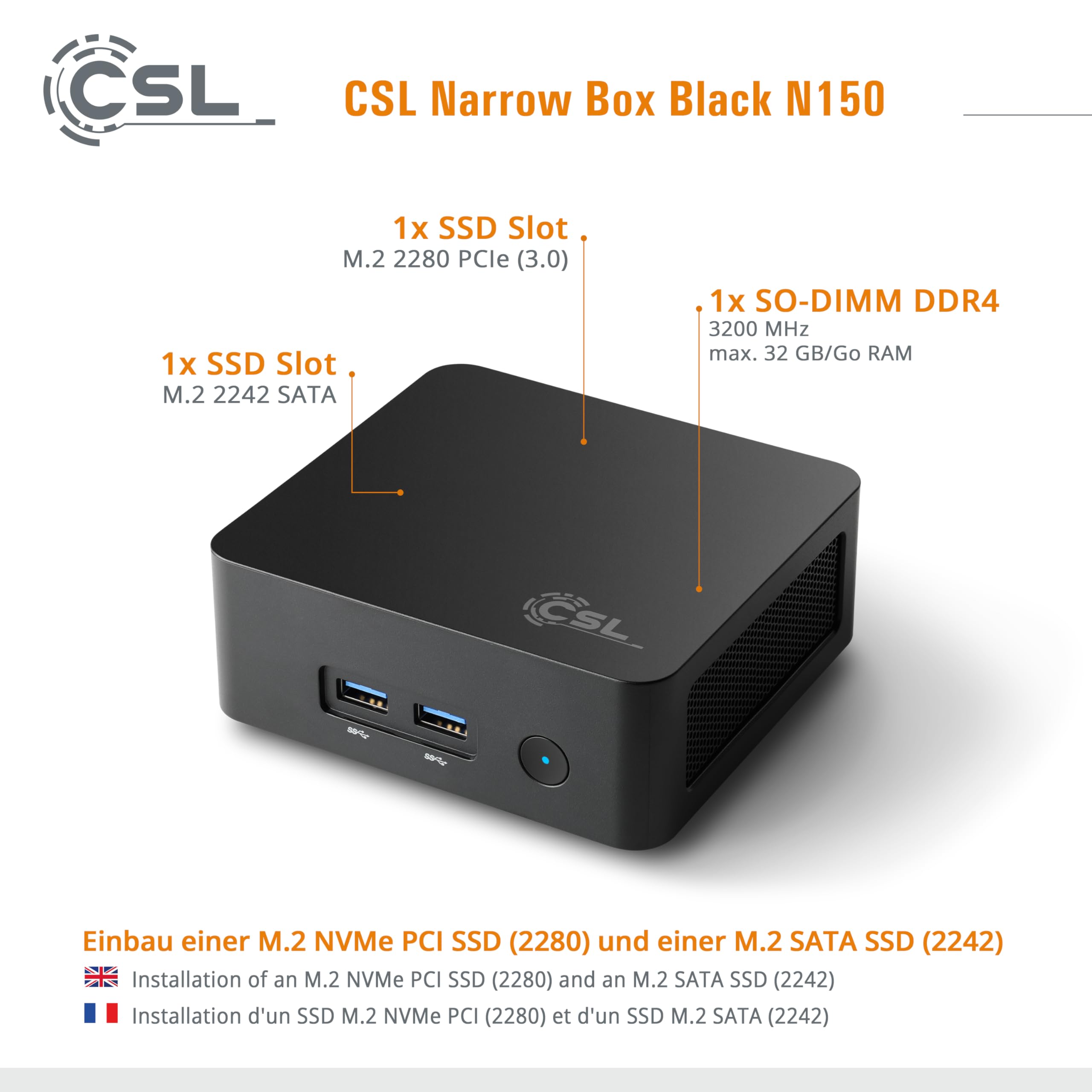 Mini PC CSL Narrow Box Black Windows 11 Home, Intel N150 4X 3600 MHz Turbotakt, 500 GB M.2 SSD, 16 GB DDR4-RAM, Intel UHD Grafik, HDMI 2, USB 3.2, BT 5.2, AX WLAN