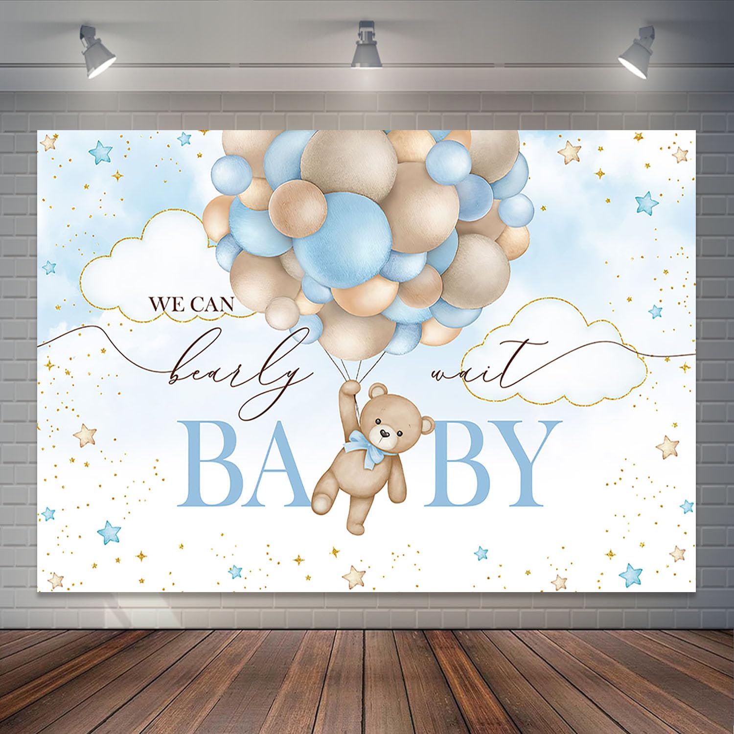 Joliaco 10x7ft Blue Bear Hot Air Balloon Backdrop Watercolor Balloons Bear Baby Shower Party Decorations for Boy We Can Bearly Wait Baby Shower Cake
