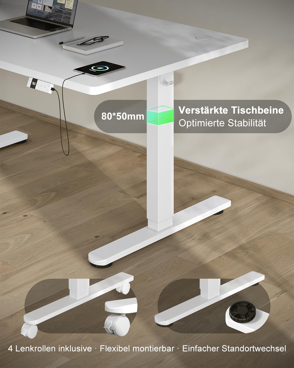 Devoko Escritorio Elevable 120x80cm con Tablero de 18 mm, Ruedas y Puerto Type-C, Escritorio Eléctrico, Regulable en Altura con Bandeja de Gestión de Cables (Blanco)