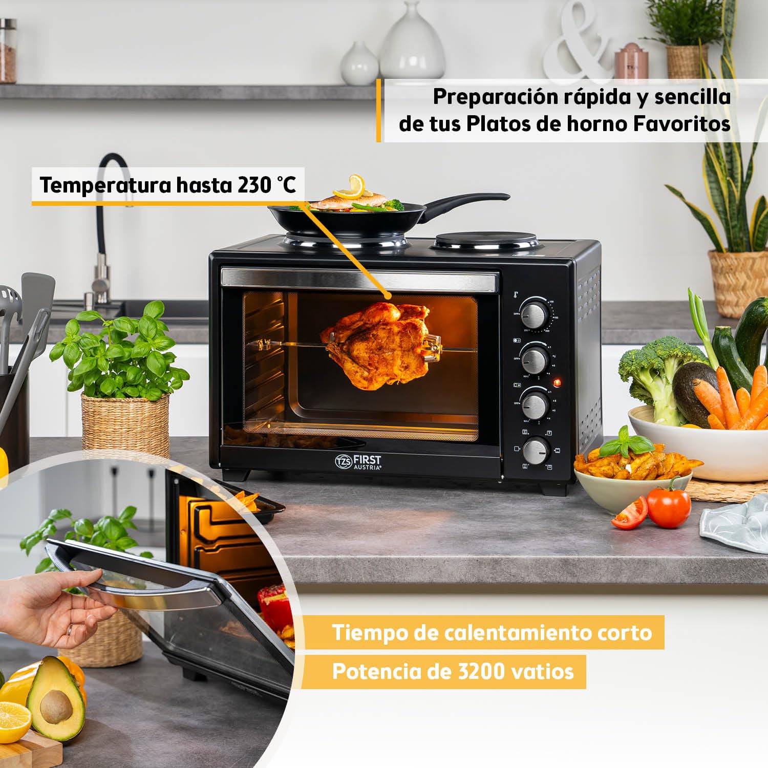 First Austria Mini Horno 45L 3200 W con Quemadores para Pizza 230°C Revestimiento Antiadherente Multihorno 4 Alturas