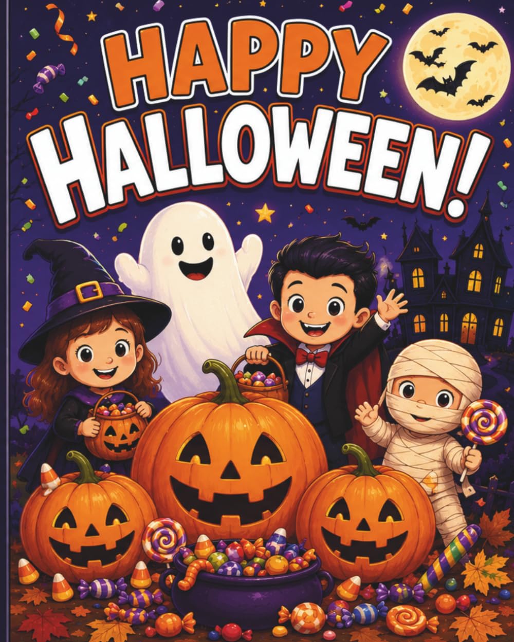 Cute Fall & Halloween Coloring Book for Kids: 43 Easy Coloring Pages and a Fun Activity Page with Pumpkins, Ghosts, Cats, Bats, Candy, and More