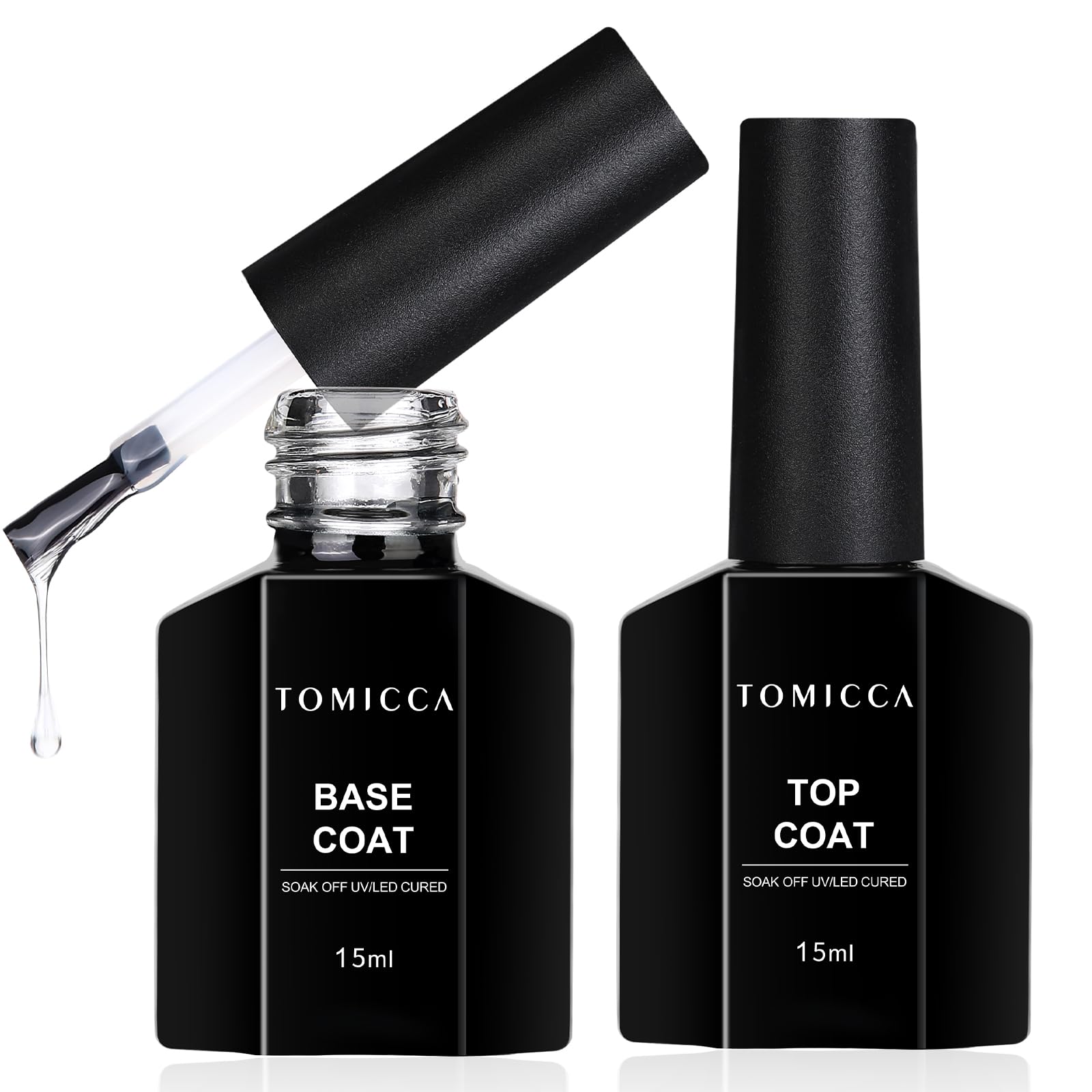TOMICCA Base Coat Top Coat UV Nagellack Set, 2 * 15ML No Wipe Top Coat Gel, Hochglanz-Finish Unterlack & Überlack Soak-Off UV/LED Gel Nagellack für Nail Art Nageldesign