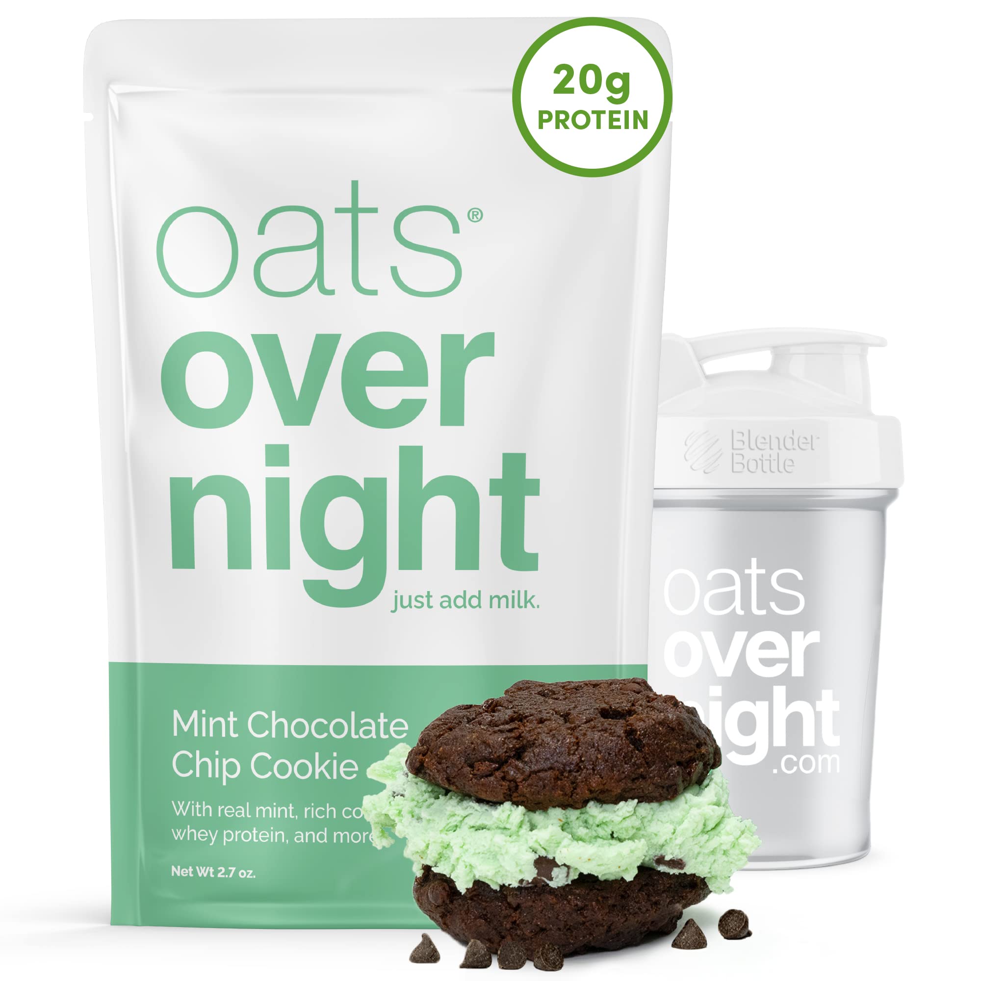 Oats Overnight Mint Chocolate Chip - Overnight Oats with 20g Protein, High Fiber Protein Shake - Gluten Free Oatmeal, Non GMO High Protein Oatmeal (2.7 oz per meal) (8 Pack + Shaker Bottle)