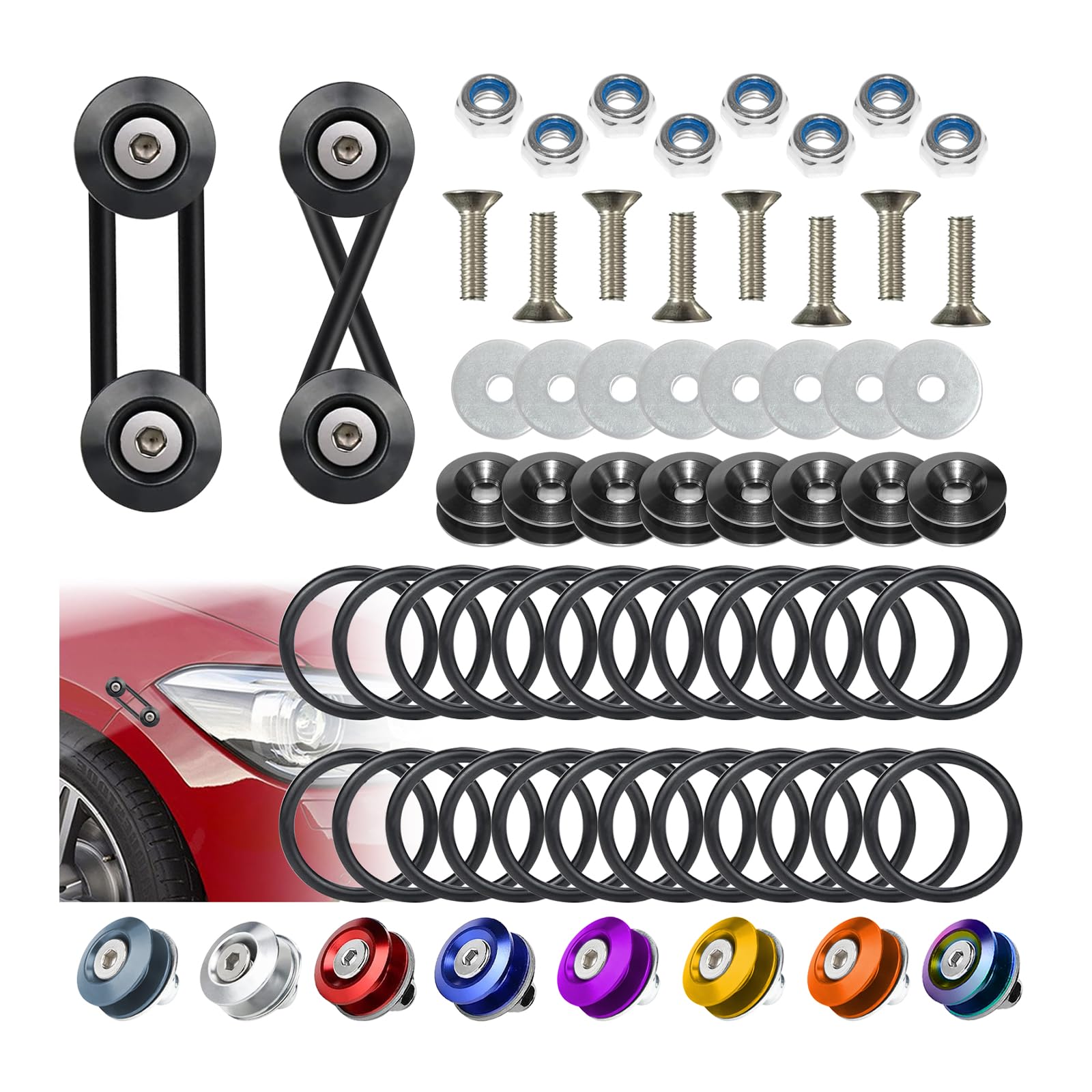 Universal Bumper Clips, Front Rear Bumper Quick Release Kit, Bumper Holders for Cars (8 Black Bumper Quick Release Tabs and 24 Customized O-Rings)