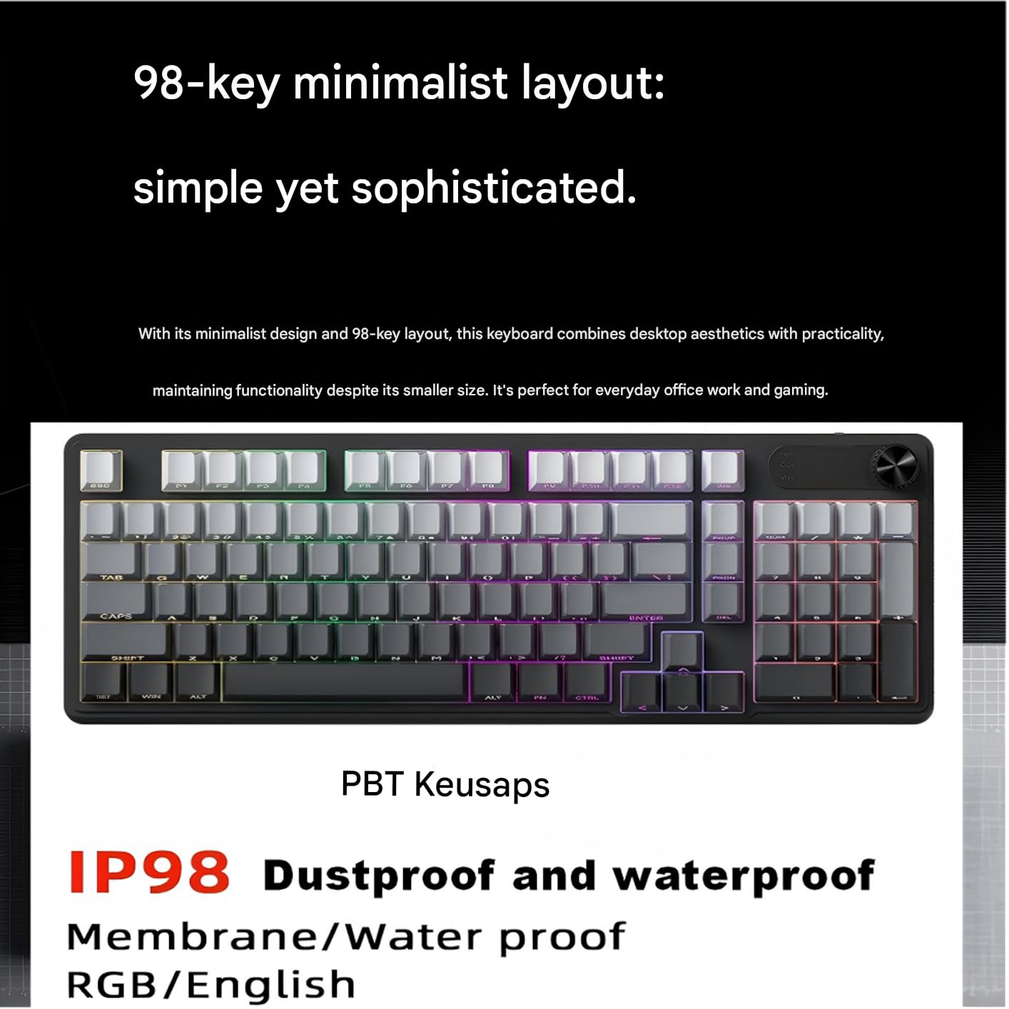 98 nasadek klawiszy PBT – wysokość MOA, wodoodporne, odporne na pot, olej, podświetlenie RGB 16,8 m, odłączany kabel USB-C i minimalny poziom hałasu, elegancka estetyka mechaniczna + prostota membrany