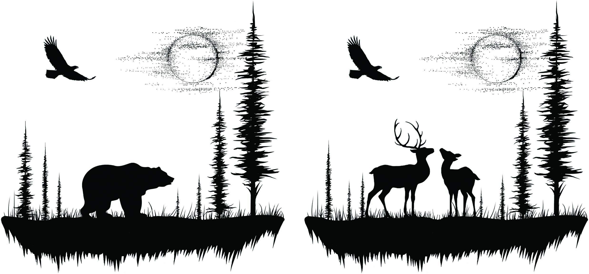 Moon Valley Deer Bear 2 pcs 3-3/4" X 4" Black Fused Glass Decals