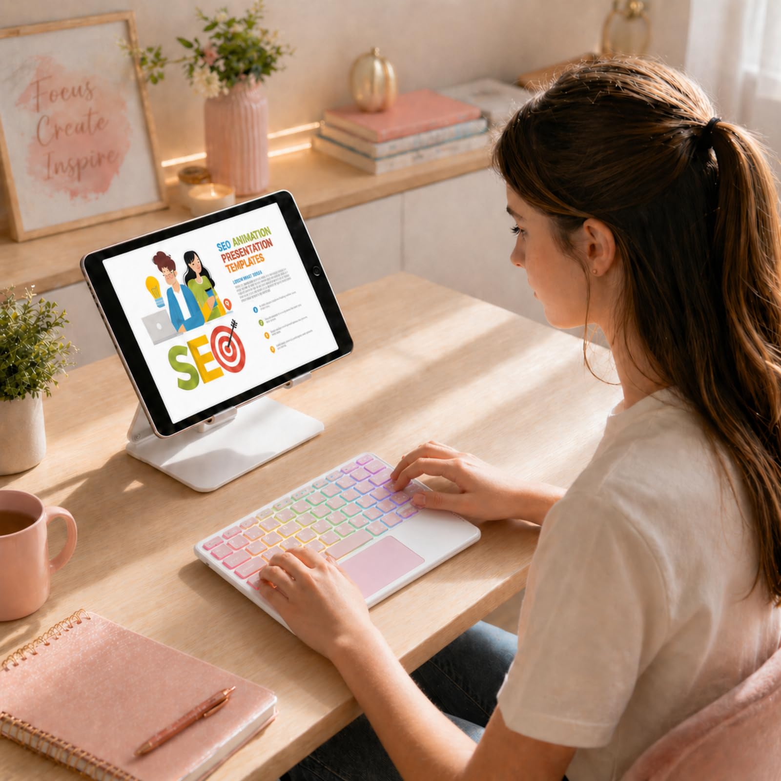 Teclado Bluetooth con Touchpad para iPad,Teclado Español Ñ Inalámbrico Retroiluminado para Tablets,Android,iOS y Windows,Teclado con 7 Colores Recargable Portátil QWERTY para iPad,Samsung,Huawei — view 9