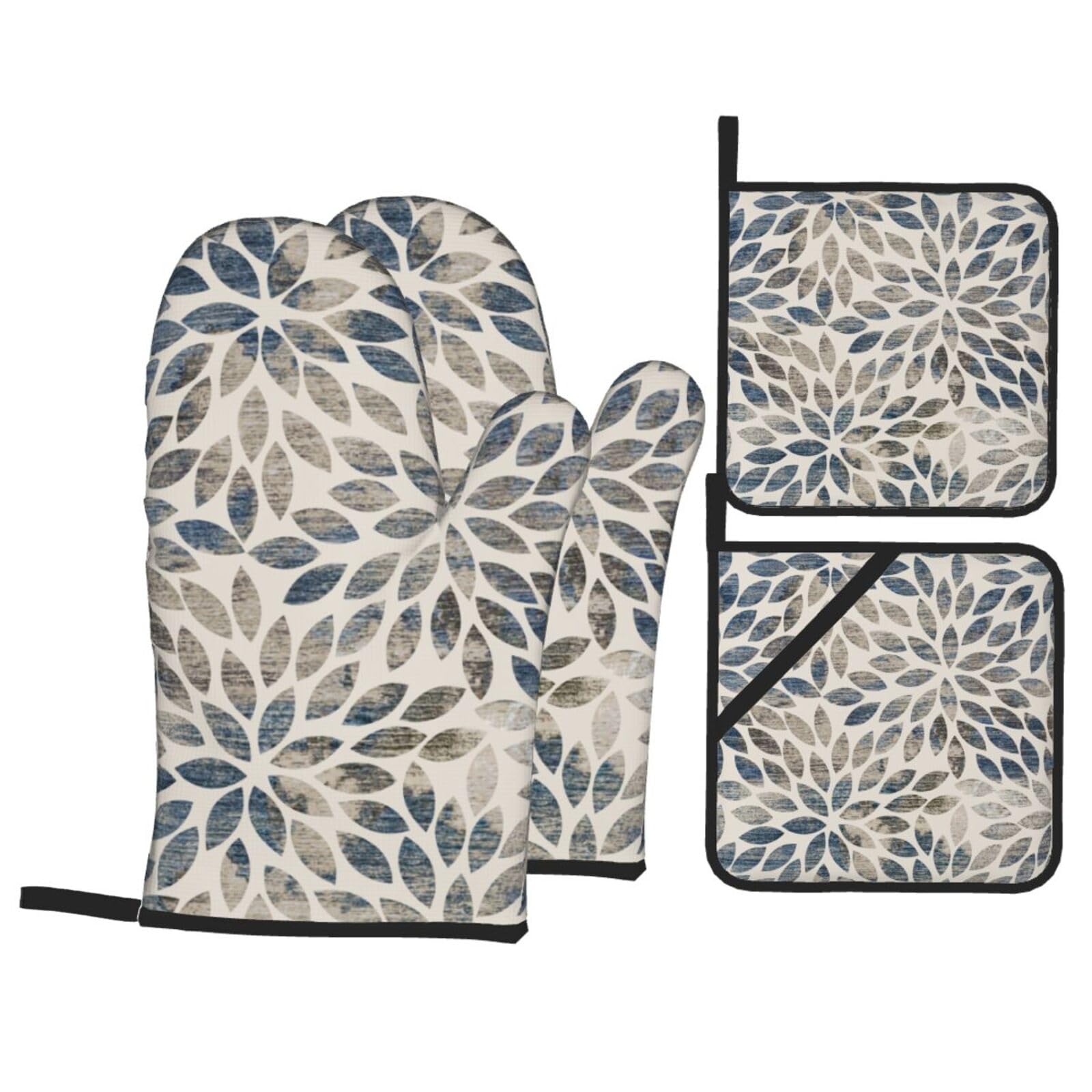 Vintage Floral Oven Mitts and Pot Holders Sets - Dahlia Kitchen Mitts Potholders 4 Pack Heat Resistant Brown Blue Flower Oven Gloves Hot Pads for Kitchen Baking Grilling Party
