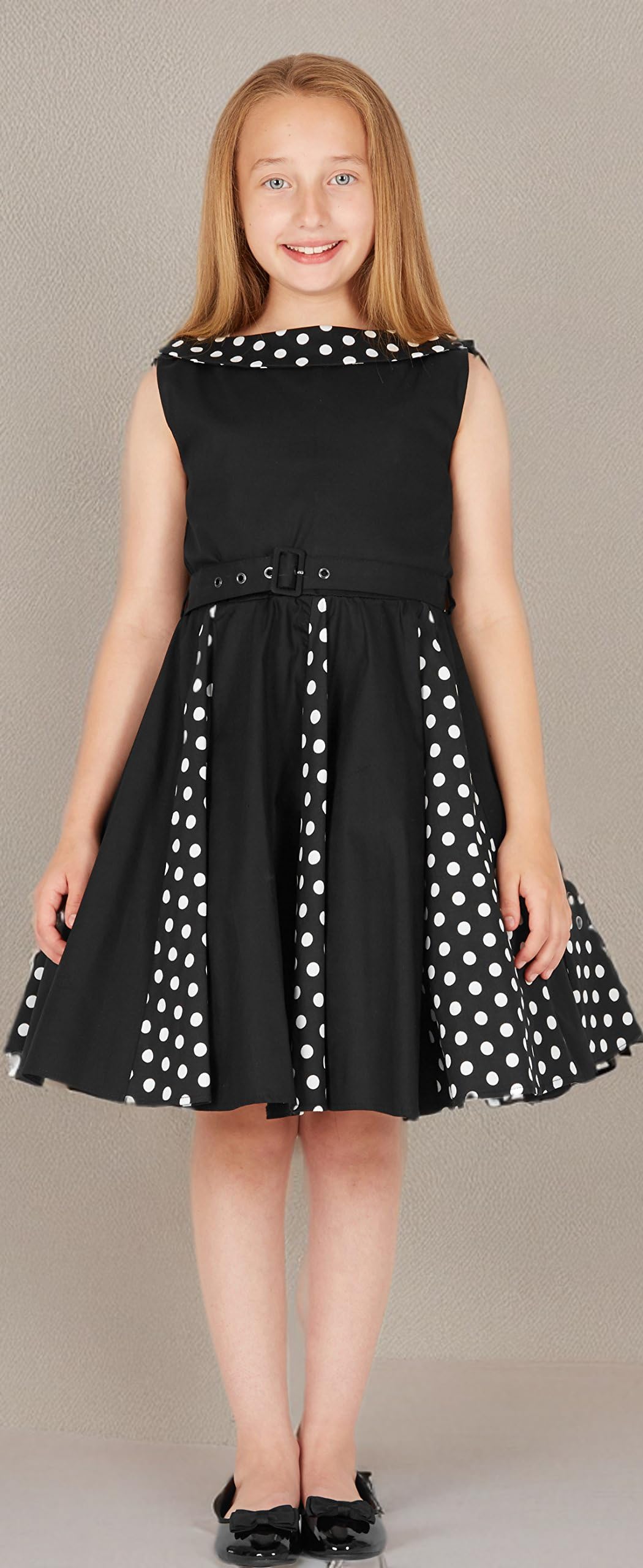 BlackButterfly Vestito Bambina Alexia a Barchetta | Gonna a Ruota, Pannello a Pois, Senza Maniche, Foderato, Zip Dietro, Cintura Removibile, 3-14 Anni