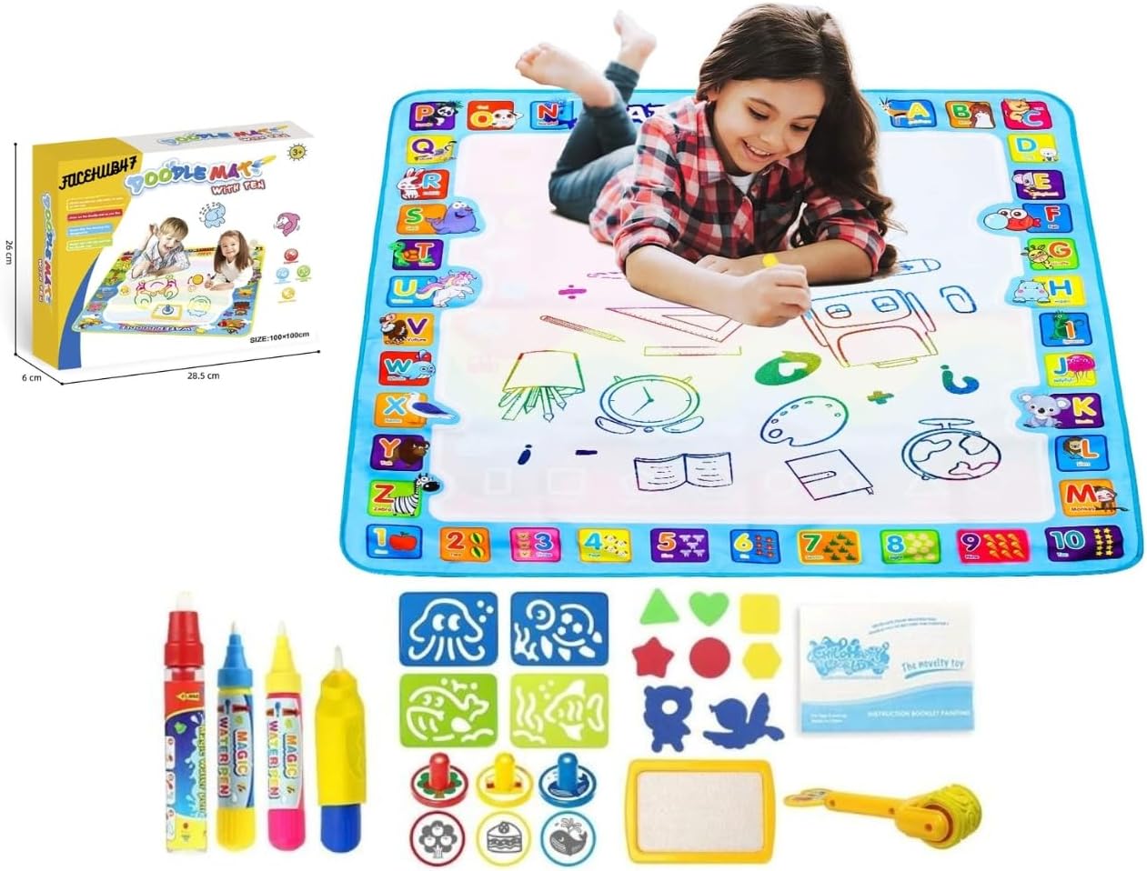 FACE HUB Extra Large 100X100 CM Aqua Magic Water Doodle Mat Water Drawing, Coloring and Doodling Mat for Toddler Kids Educational Toys Gifts for Boys Girls Age 2 3 4 5 6 7 8 Year Old