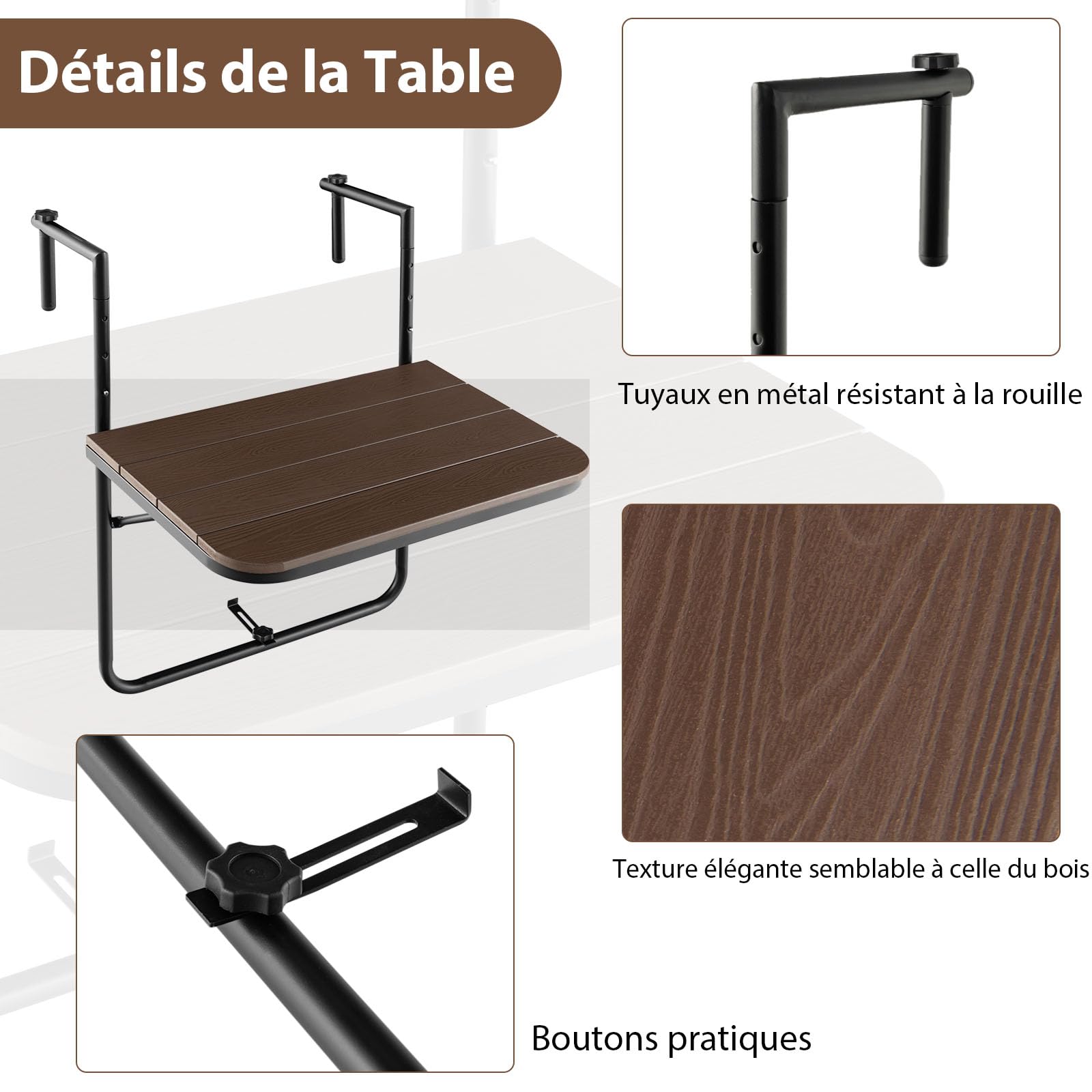 GOPLUS Table de Balcon Suspendue Pliable, Réglable Hauteur, Résistante aux Intempéries, Table Suspendue de Balcon jusqu'à 30 kg, 60×62,5×84 cm (Café)