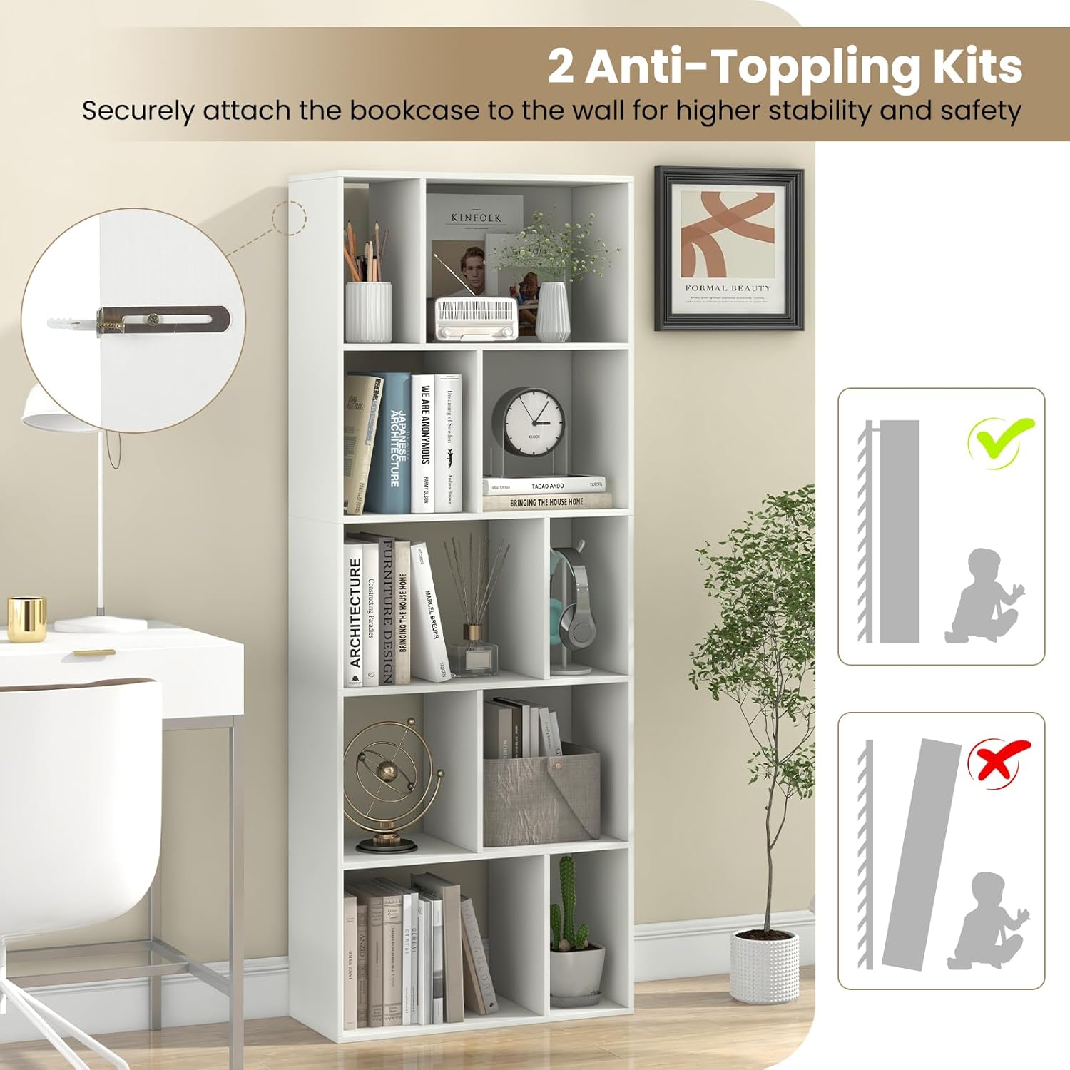 Giantex 5-Tier Geometric Bookshelf, 63" Modern Tall Bookcase, 10-Cube Storage Organizer, Freestanding Open Storage Shelving Unit, Display Rack Cabinet for Living Room, Study, Home Office, White (1)