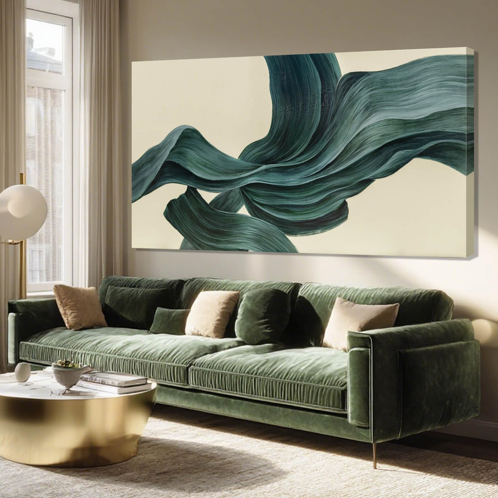 ZENPEE Green Abstract Wall Art and Beige Wall Decor, Aesthetic Wall Hangings for Dining Room, Living Room, or Bedroom, 24" x 48"