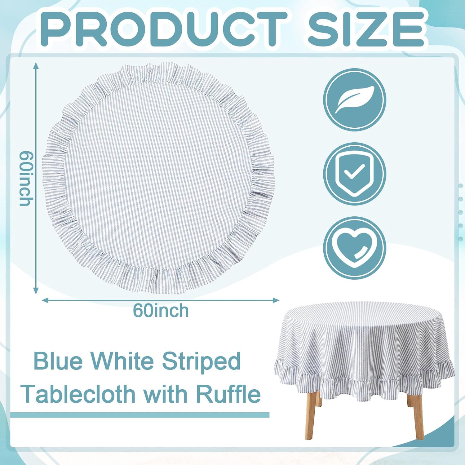 Frienda Blue Stripe Ruffle Table Cloth Farmhouse Round Cotton Linen Scalloped Table Cloth 60 x 60 in Coastal Blue White Stripe Stonewashed Tablecloth for Round Tables Kitchen Dining Restaurant Party