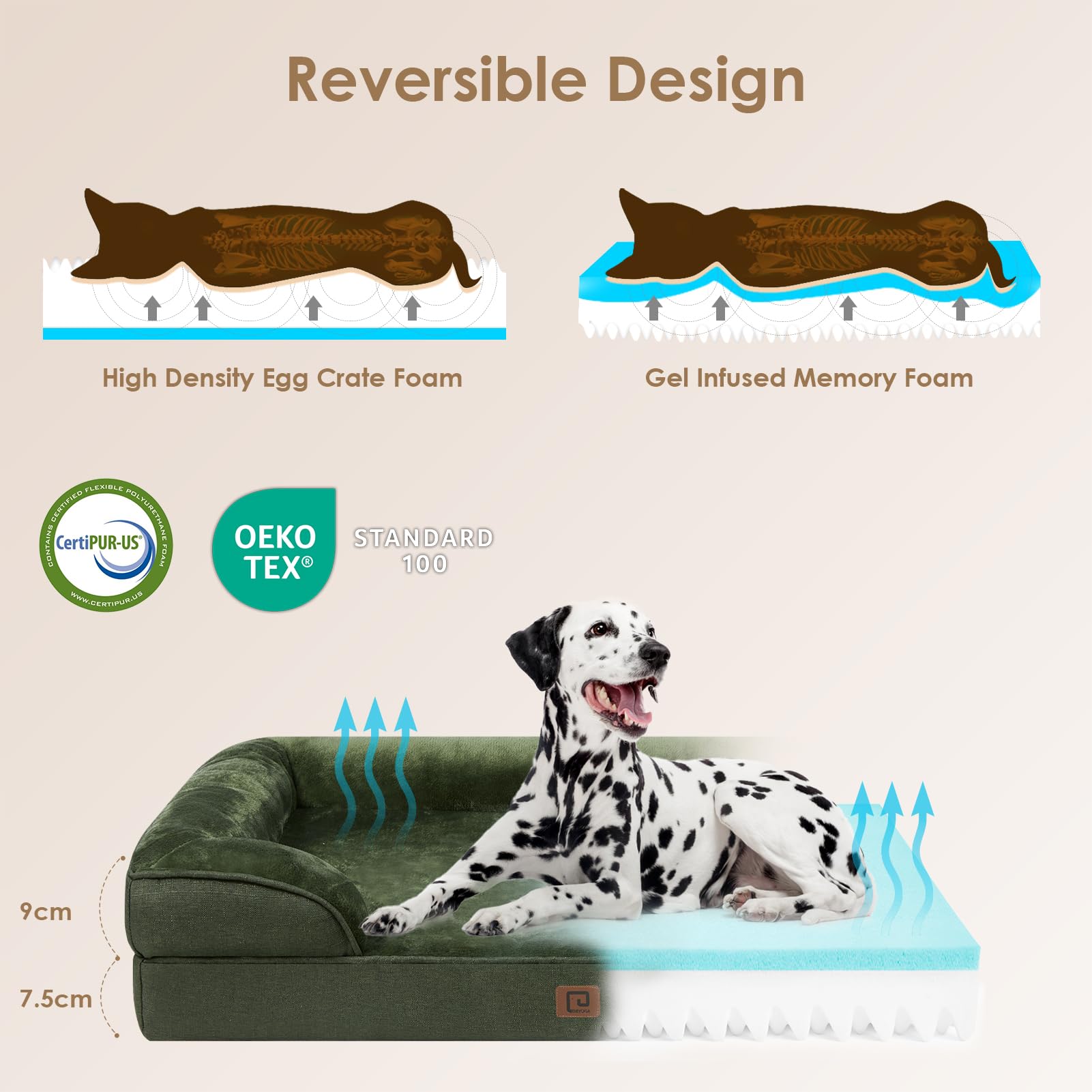 EHEYCIGA Cuccia Cane Interno Taglia Grande, Cuscino Cane Impermeabile Sfoderabile e Lavabile, Letto per Cani con tre Lati Rialzati Ortopedico, Verde Scuro, 104x68x16cm