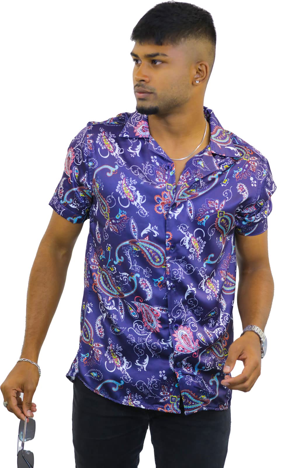 O'LAKERPolyester Rayon Men's Casual Printed Straight Fit Cuban Collared Shirts (X-Large_Navy Paisley Print)