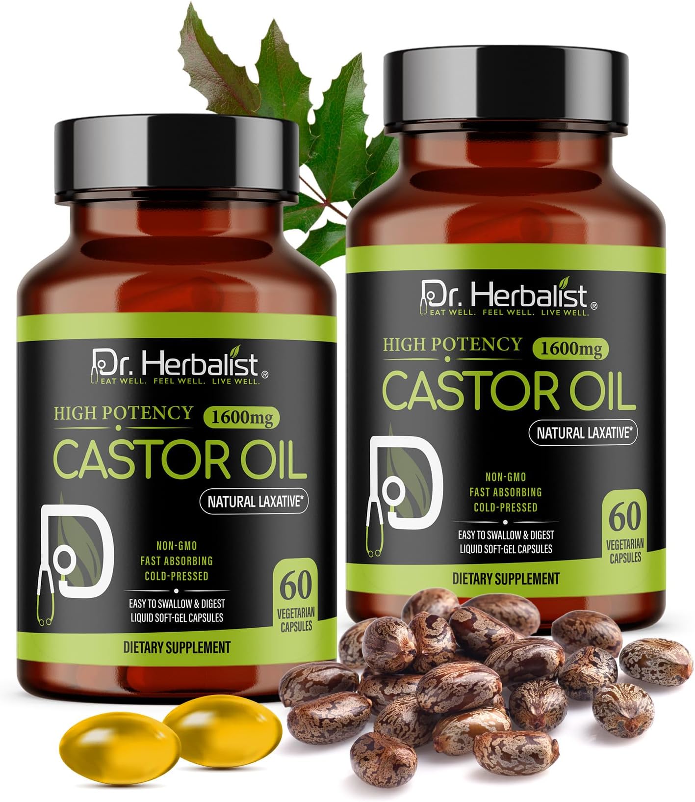 Castor Oil Capsules 1600mg - Cold Pressed Ricinus Communis Softgels | Supports Digestive Wellness & Hair Skin Vitality* | Halal, Non-GMO, Vegan | 60ct