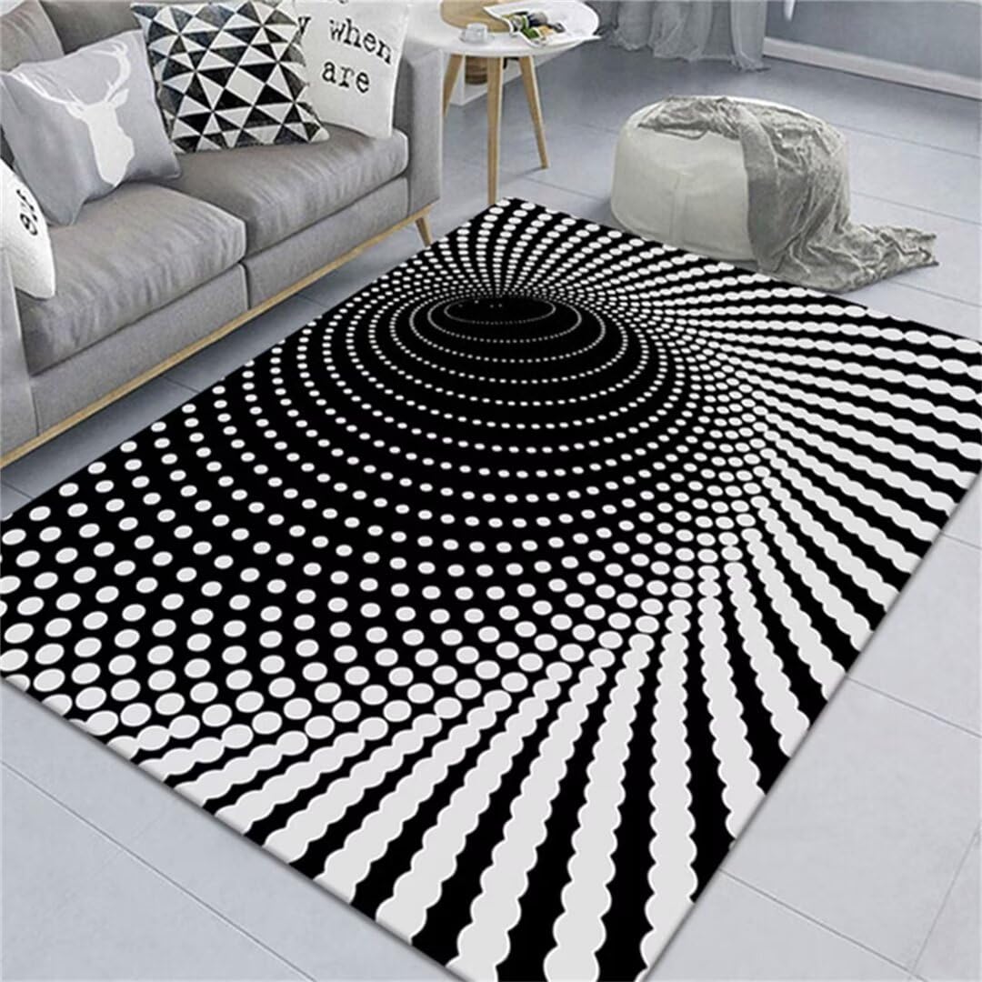 Tapis illusion d'optique noir et blanc 180x250cm à poils courts pour salon de style moderne