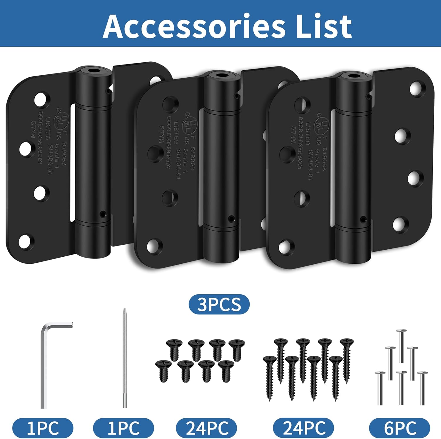 4 Inch Self Closing Door Hinges, 5/8" Radius Corners Spring Loaded Hinges for Exterior, Garage, Front and Back Door, UL Listed, for Left and Right Hand Door, Matte Black, 3 Pack