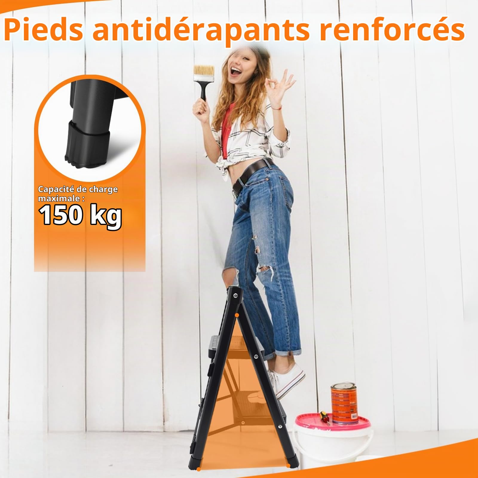 Escabeau 2 Marches, Marche Pied Pliable avec Pédales Élargies et Pieds Antidérapants, Échelle Marchepied Robuste pour Maison, Cuisine, Bureau, Intérieur, Extérieur, Noir