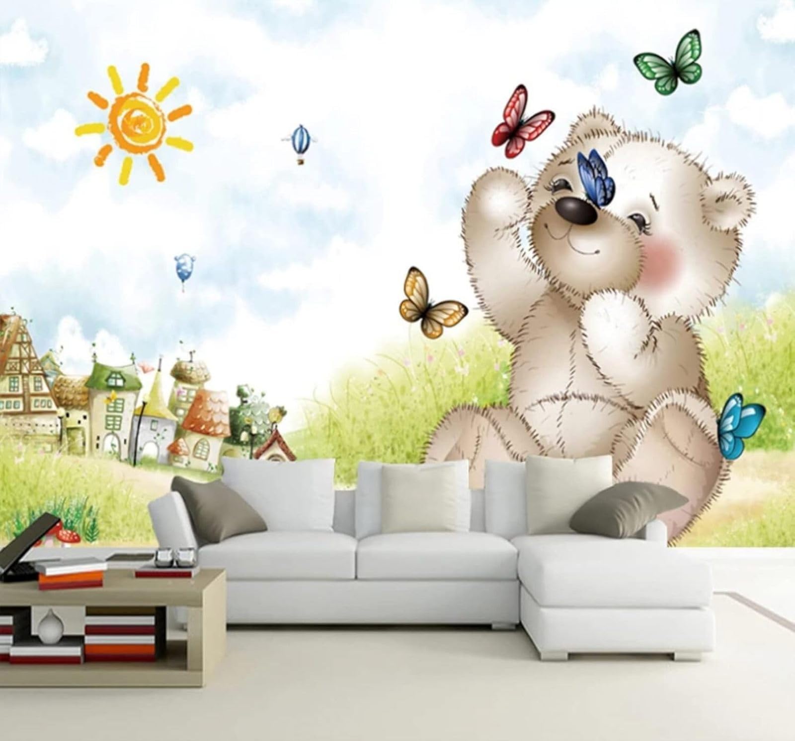 Wallpaper-3D-Xlm 430Cm×300Cm(B×H) Cartoon Bear Butterfly Meadow House 3D Wallpaper Easy Install Feature Office Living Room Sofa Bedroom Tv Background Wall Decoration-430Cm×300Cm