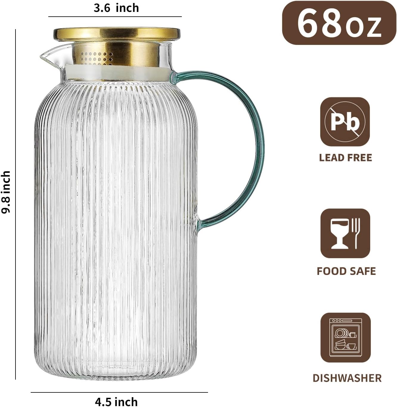 2 pack glass pitcher with lid,68 oz/ 2 liter vertical stripes water pitcher with green handle,glass water carafe for cold brew,coffee, lemonade, iced tea,beverage, heat resistant water glass jug clear 2l-green handle