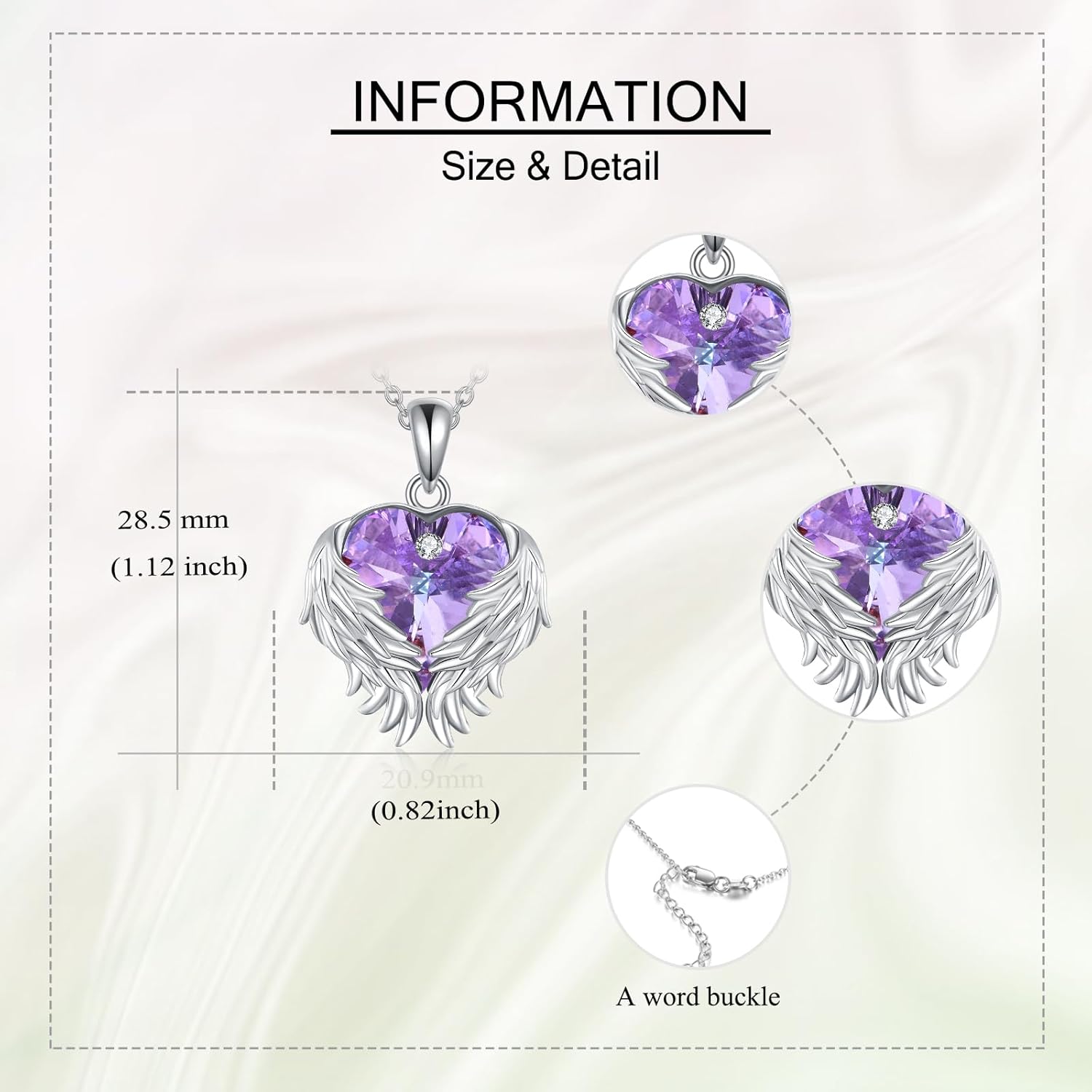 URONE Angel Wings Necklace for Women 925 Sterling Silver Love Heart Purple Crystal Pendant Wedding Anniversary Christmas Valentine's Mother's Day or Birthday Jewelry Gifts for Mom Wife - Image 5