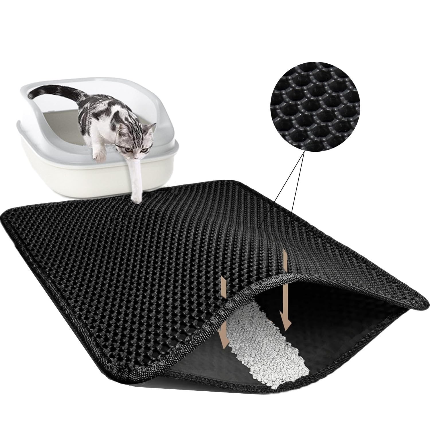 Cat Litter Mat 30"x24" Double Layer Waterproof & Non-Slip - Honeycomb Washable EVA Large Litter Mat for Scatter Control, Urine Proof Litter Trapping Mat for Litter Box(Black)