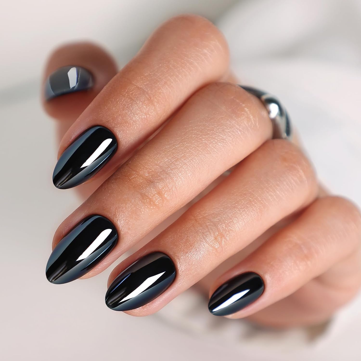 SHANGMENG Press on Nails, Liquid Onyx, Almond Short, Black Chrome, 32Ct