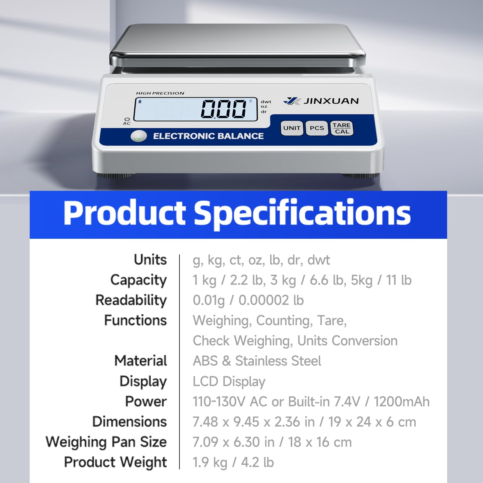 Báscula científica electrónica de alta precisión de 1000/0,01 g, balanza analítica con pantalla LCD de conversión de 7 unidades, pesos de calibración de 200 g y baterías recargables para