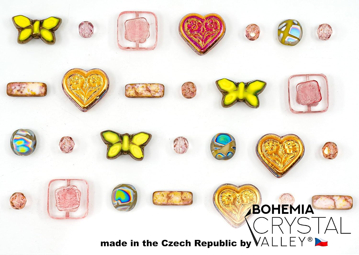 2.1oz (60g) of Focal Glass Bead Mix with Table-Cut Flower and Butterfly Beads, PG Pale Green Pink