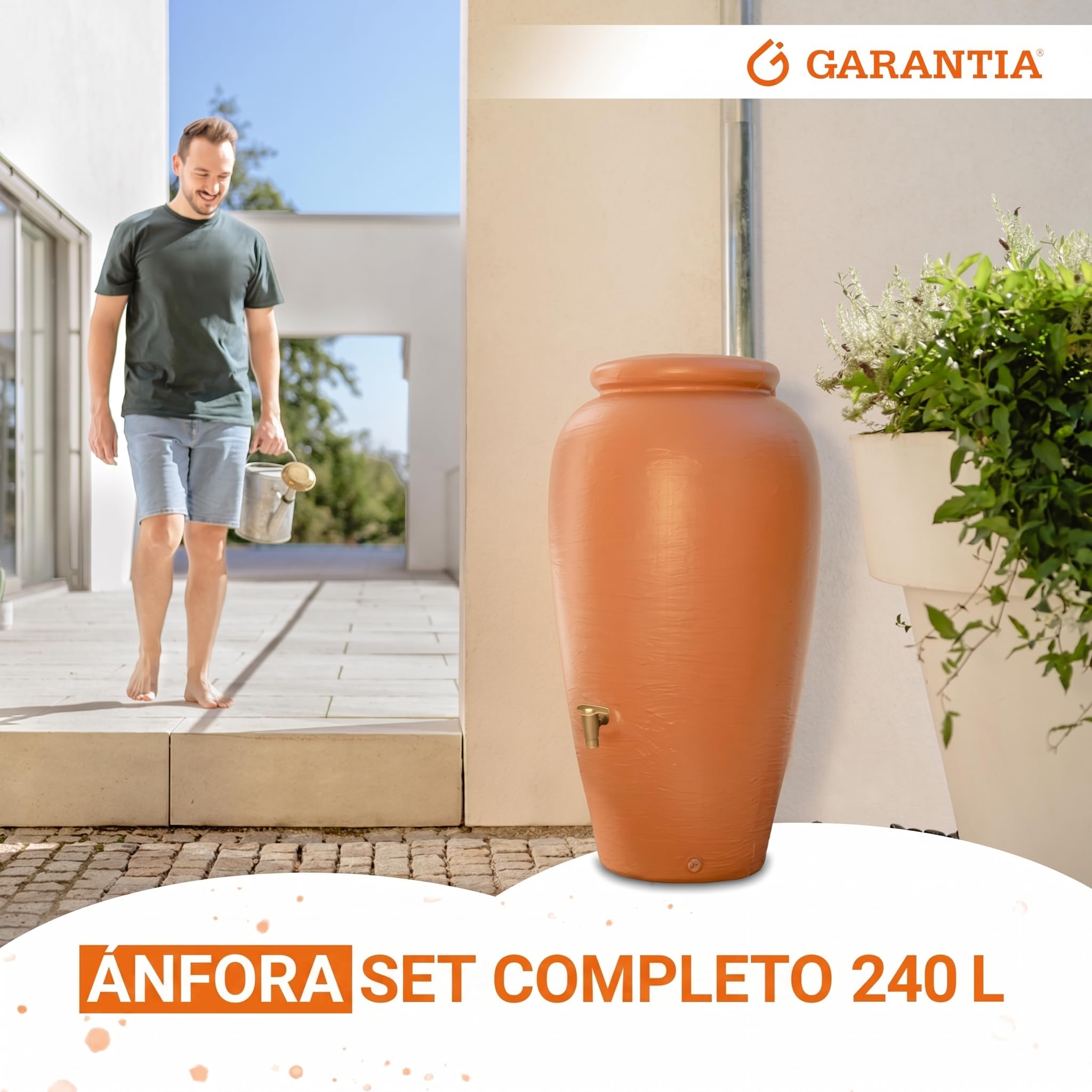 GARANTIA ánfora Set Completo 240 L Terracota Incl. Grifo de Salida de plástico y conexión al bajante