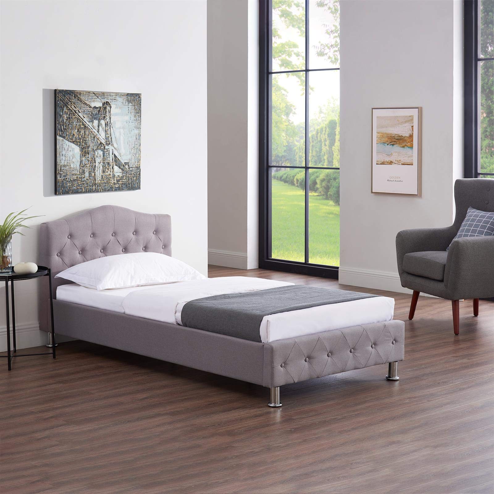 IDIMEX Lit Simple pour Adulte ou Enfant Biarritz Couchage 90 x 190 cm 1 Place / 1 Personne, avec sommier et Pieds en métal chromé, revêtement en Tissu capitonné Gris
