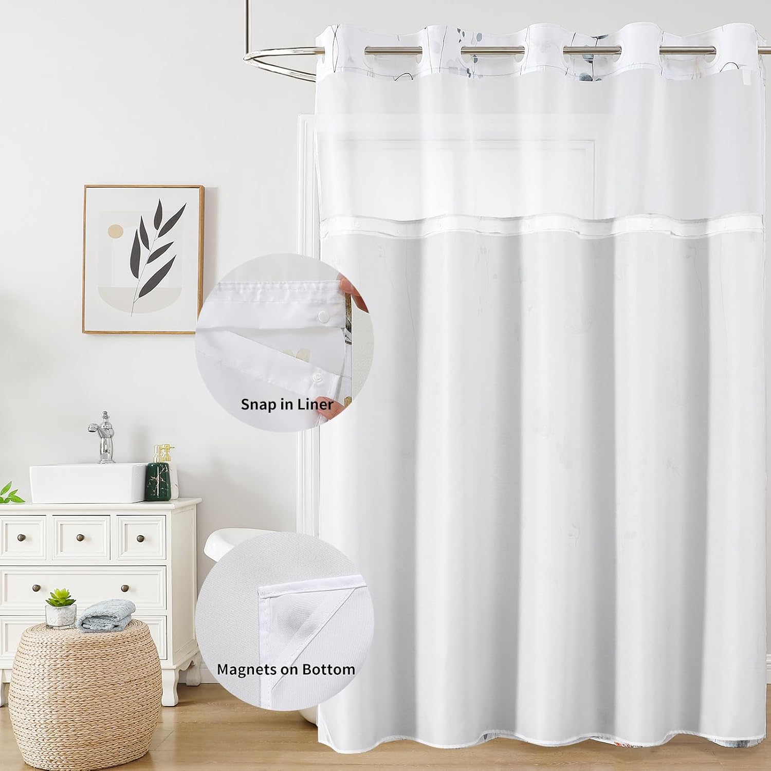 QiyI Flower Shower Curtain with Snap in Fabric Liner, Grey Watercolor Floral Cloth Bath Curtains, No Hook Shower Curtains with Mesh Top Window, Fabric Waterproof Bathroom Curtain Set, 72 x 75 Inch