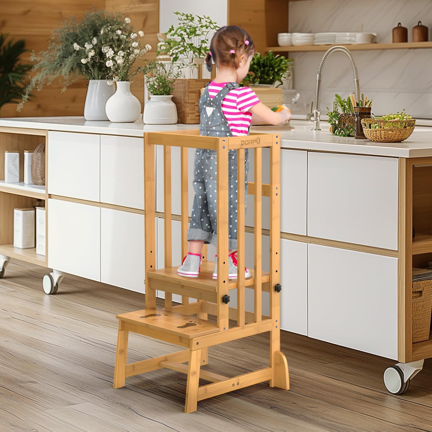 Toddler Step Stool, 3 Adjustable Height Tower Anti-tip Safety Learning Kitchen Step Stool for Kids (Natural) Natural Traditional