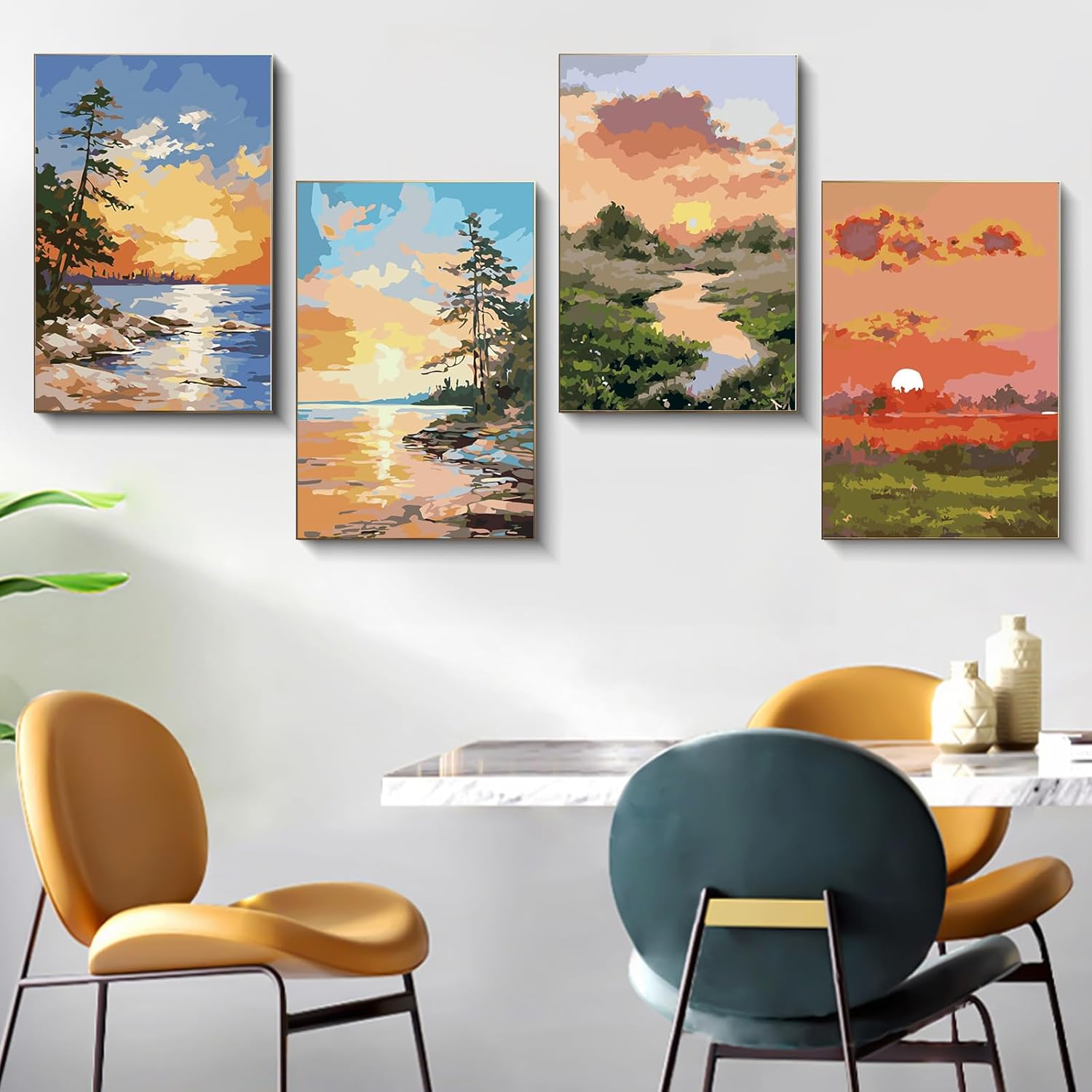 4 Pack Framed Paint by Numbers Kit for Adults Beginners with Wooden Easel, DIY Sunrise and Sunset Landscape Paint by Number Kit with Frame, Easy Painting by Numbers for Home Wall Decor, 8x12 inch