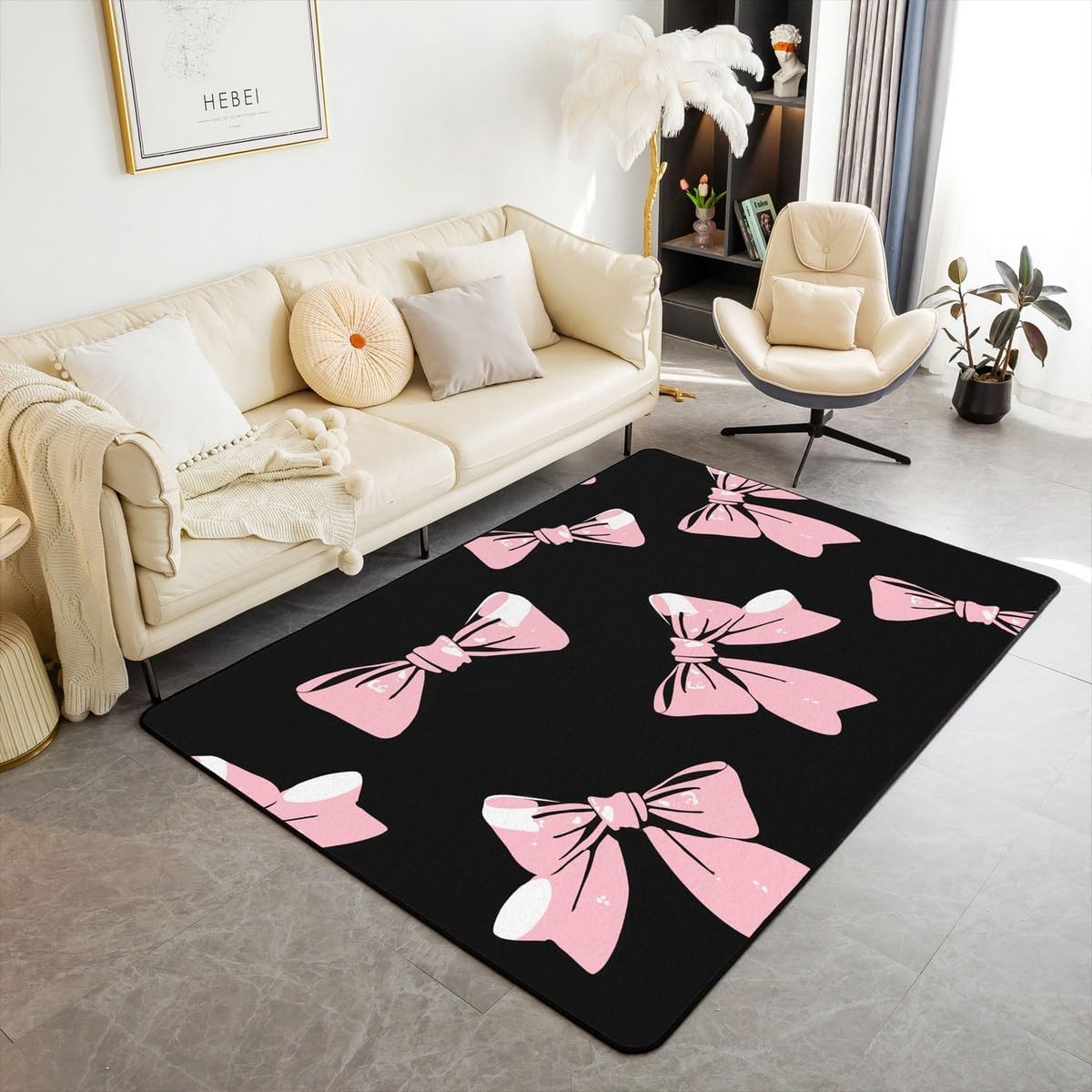 Feelyou Kids Bowknot Living Room Rugs Area Rug 3x5 Bow Rugs for Living Room Bedroom Boys Girls Fairy Princess Themed Decorative Rug Black Pink Indoor Floor Mat