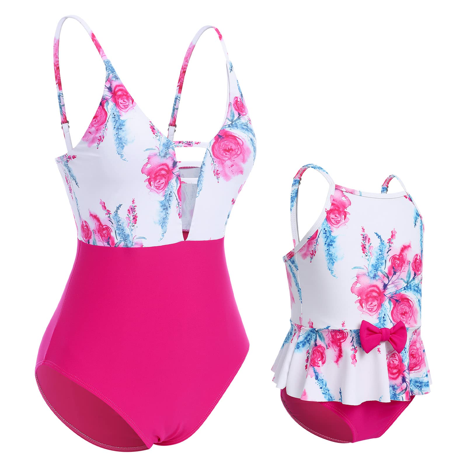 Mommy and Me Swimsuits Family Matching Swimwear Women Girls Long Sleeve UV Sun Protection Rash Guard Shirts Monokinis Halter Striped Print One Piece Swimsuit Bathing Suits Hot Pink Floral XL