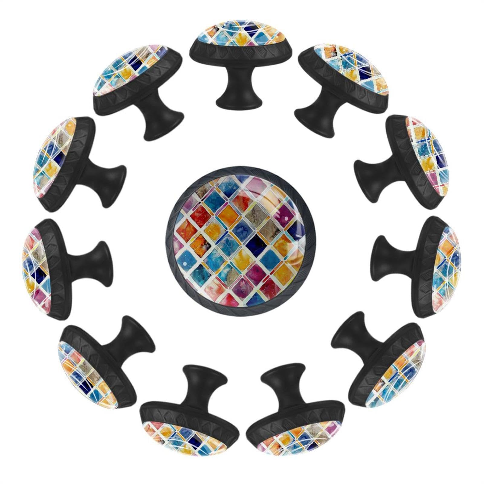 Boutons de tiroir mosaïque colorée vintage, boutons ronds au design géométrique pour armoire