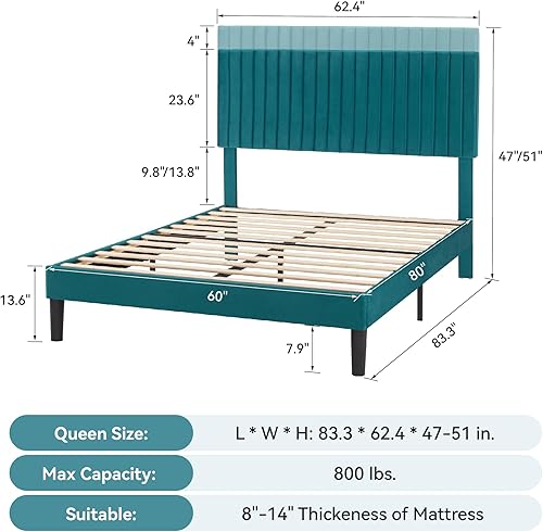 Miniatura 31 de HOOMIC Base de cama de plataforma de tamaño matrimonial, cama tapizada de terciopelo moderno con cabecera capitoné de canal vertical ajustable,