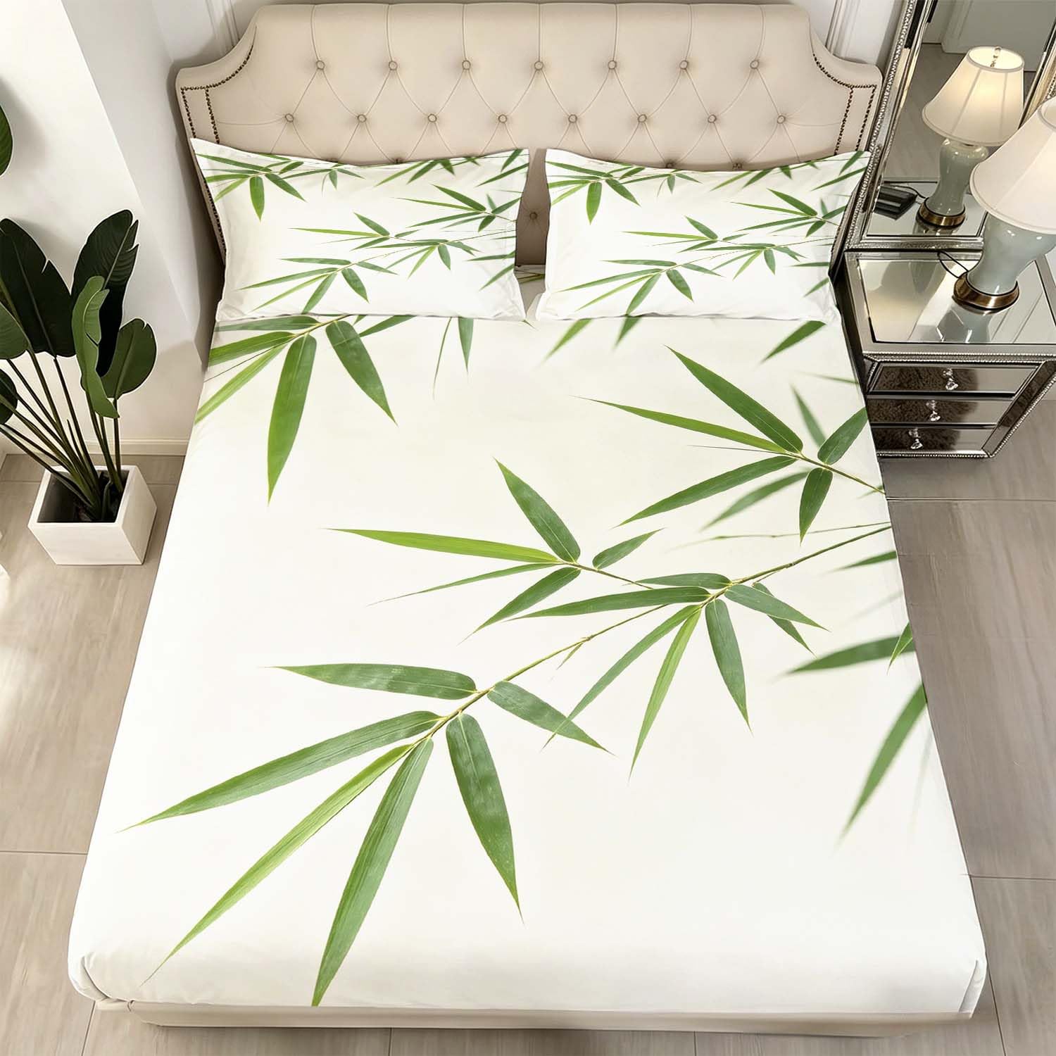 Drap Housse 180x200 cm Thème Chinois 3D Drap-Housse Bambou Draps Housses Microfibre 2 Personnes avec 2 Taie d'oreillers pour Matelas Épais XCW6069